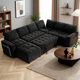 Dyonery - 7-seater U-shaped sofa with pull-out bed, adjustable backrest, tool-free assembly - Black