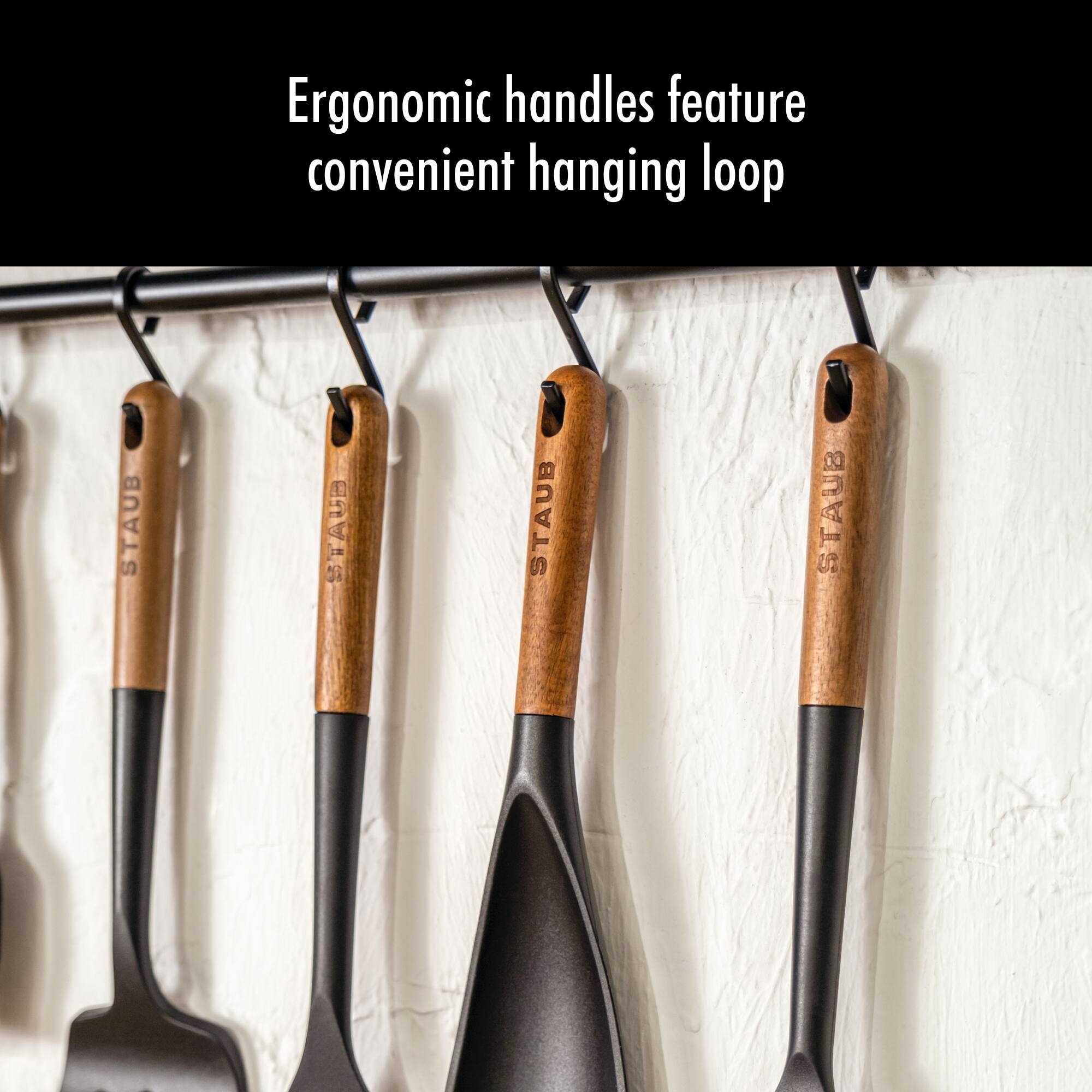 Ergonomic handles feature convenient hanging loop