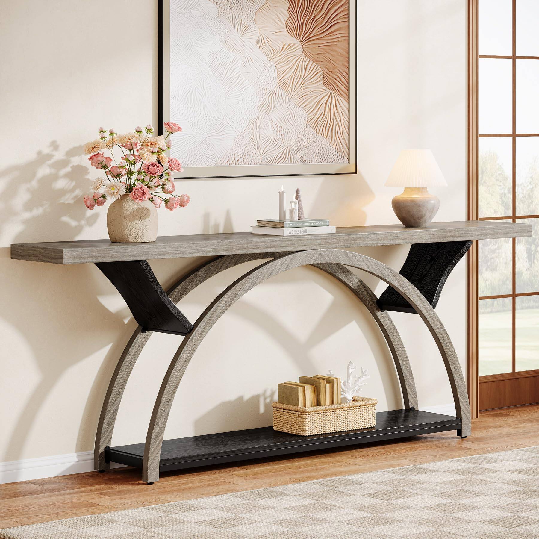 Alt View 3. Tribesigns - 70.87" Console Table, Industrial Sofa Table Behind Couch with 2 Tiers of Storage Shelves for Living Room, Hallway, Entra - Gray & Black.