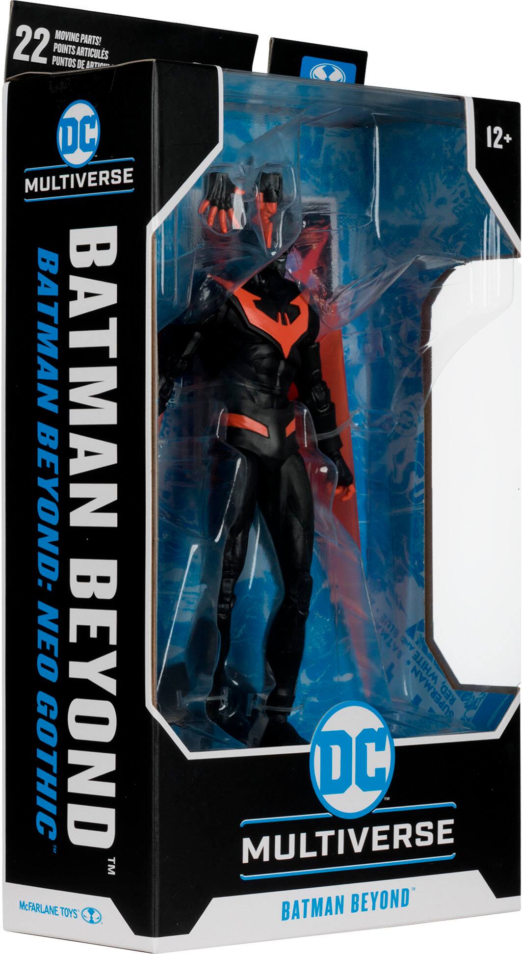 The image features a Batman Beyond action figure from the DC Multiverse line. The figure is in a box, and it is a collectible item. The figure is a representation of the Batman Beyond character, which is a popular comic book and animated series. The box contains the action figure and its accessories, making it an ideal addition to any Batman Beyond fan's collection.