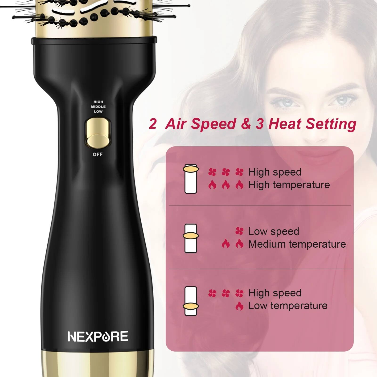 2 Air Speed & 3 Heat Setting

- High speed
  - High temperature
- Low speed
  - Medium temperature
- High speed
  - Low temperature

NEXPORE