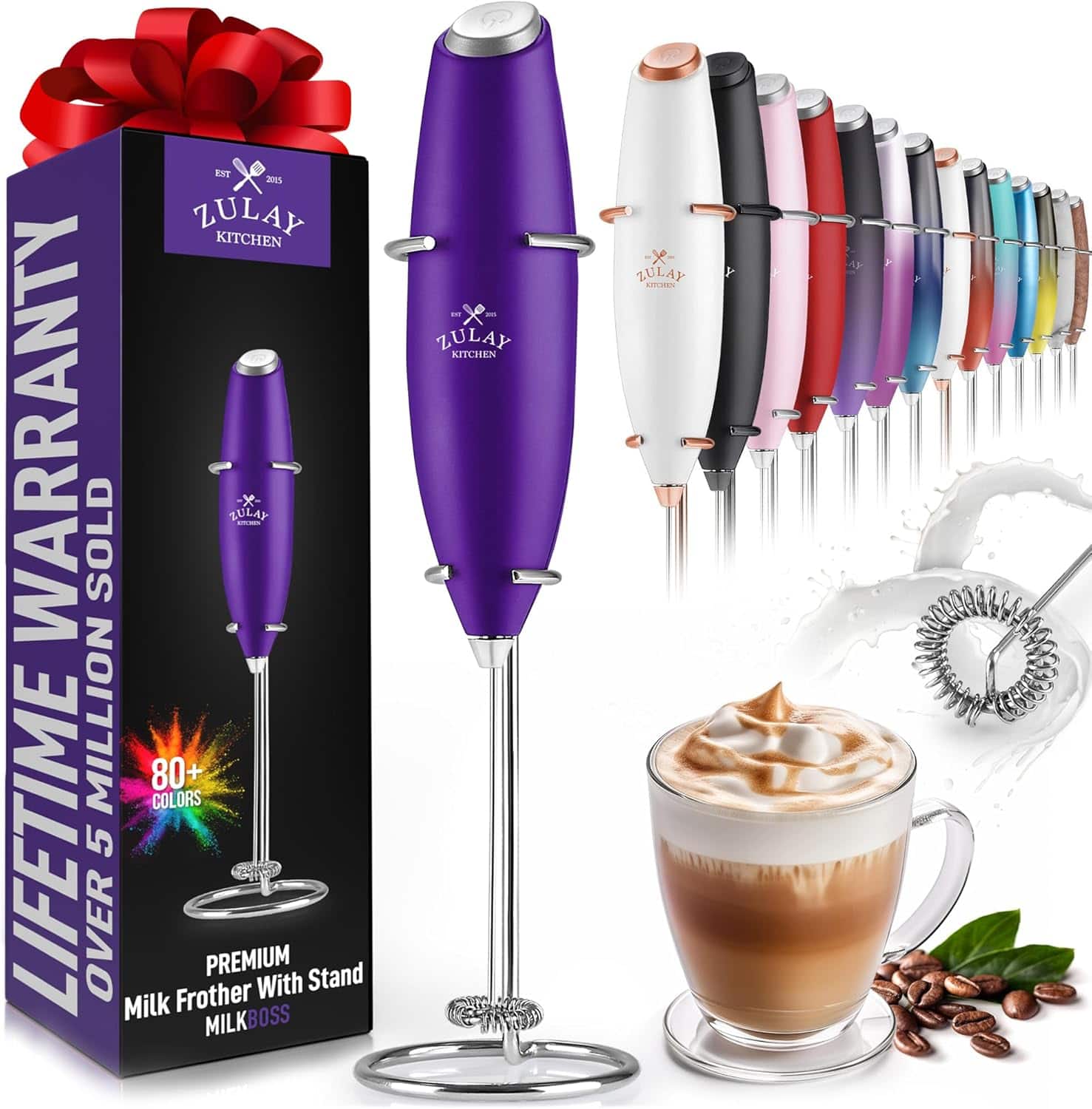 Zulay Kitchen - Powerful Milk Frother Wand - Ultra Fast Handheld Drink Mixer - Purple