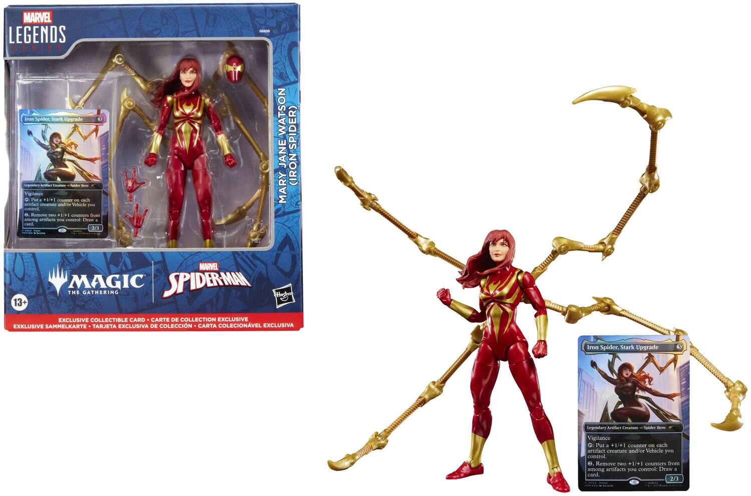 **MARVEL LEGENDS SERIES**

**Iron Spider, Stark Upgrade**

**Legendary Artifact Creature — Spider Hero**

**Vigilance**

- Put a +1/+1 counter on each artifact creature and/or Vehicle you control.
- Remove two +1/+1 counters from among artifacts you control; Draw a card.

**2/3**

**MARY JANE WATSON (IRON SPIDER)**

**EXCLUSIVE COLLECTIBLE CARD**

- EXCLUSIVE COLLECTIBLE CARD
- CARTE DE COLLECTION EXCLUSIVE
- EXKLUSIVE SAMMELKARTE
- TARJETA EXCLUSIVA DE COLECCIÓN
- CARTA COLECCIONABLE EXCLUSIVA

**MAGIC THE GATHERING**

**MARVEL SPIDER-MAN**

**13+**