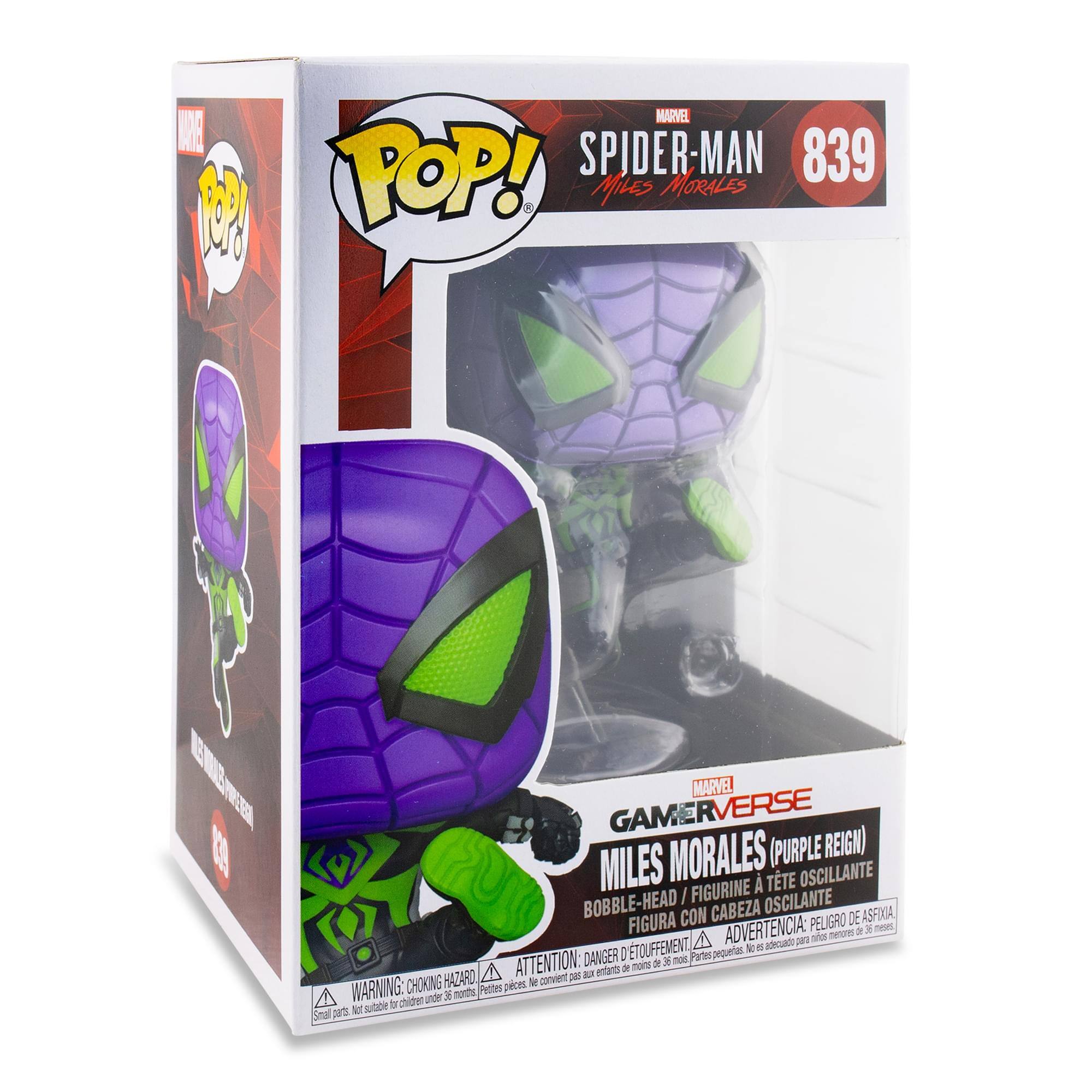 Sure, here is the corrected and grouped text from the image:

---

**MARVEL POP!**

**SPIDER-MAN**  
**839**  
**MILES MORALES**

**GAMERVERSE**  
**MILES MORALES (PURPLE REIGN)**

**BOBBLE-HEAD / FIGURINE À TÊTE OSCILLANTE / FIGURA CON CABEZA OSCILANTE**

**WARNING: CHOKING HAZARD - Small parts. Not suitable for children under 3 years.**  
**ADVERTENCIA: PEQUEÑAS PIEZAS. NO ES ADECUADO PARA NIÑOS MENORES DE 3 AÑOS.**  
**ATTENTION: PÉTITES PIÈCES. NE S'ADAPTE PAS AUX ENFANTS MOINS DE 3 ANS.**  
**ADVERTENCIA: PEQUEÑAS PIEZAS. NO ES ADECUADO PARA NIÑOS MENORES DE 3 AÑOS.**

**DANGER DE ASFÍLIA**  
**PELIGRO DE ASFÍLIA**

---