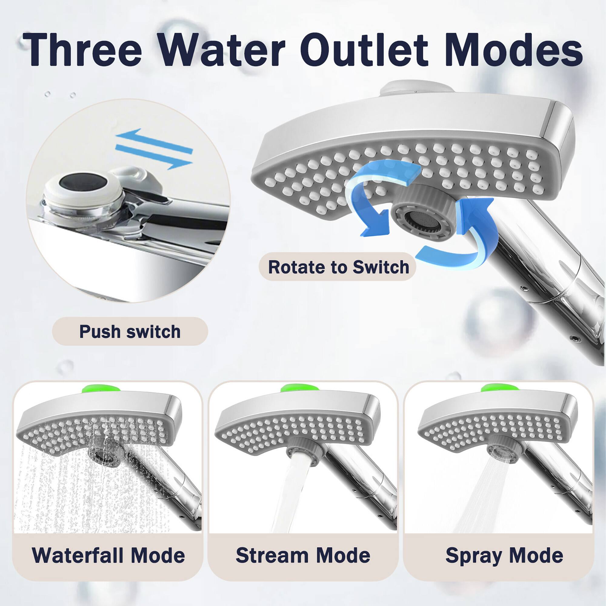 Three Water Outlet Modes

Rotate to Switch

Push switch

Waterfall Mode

Stream Mode

Spray Mode