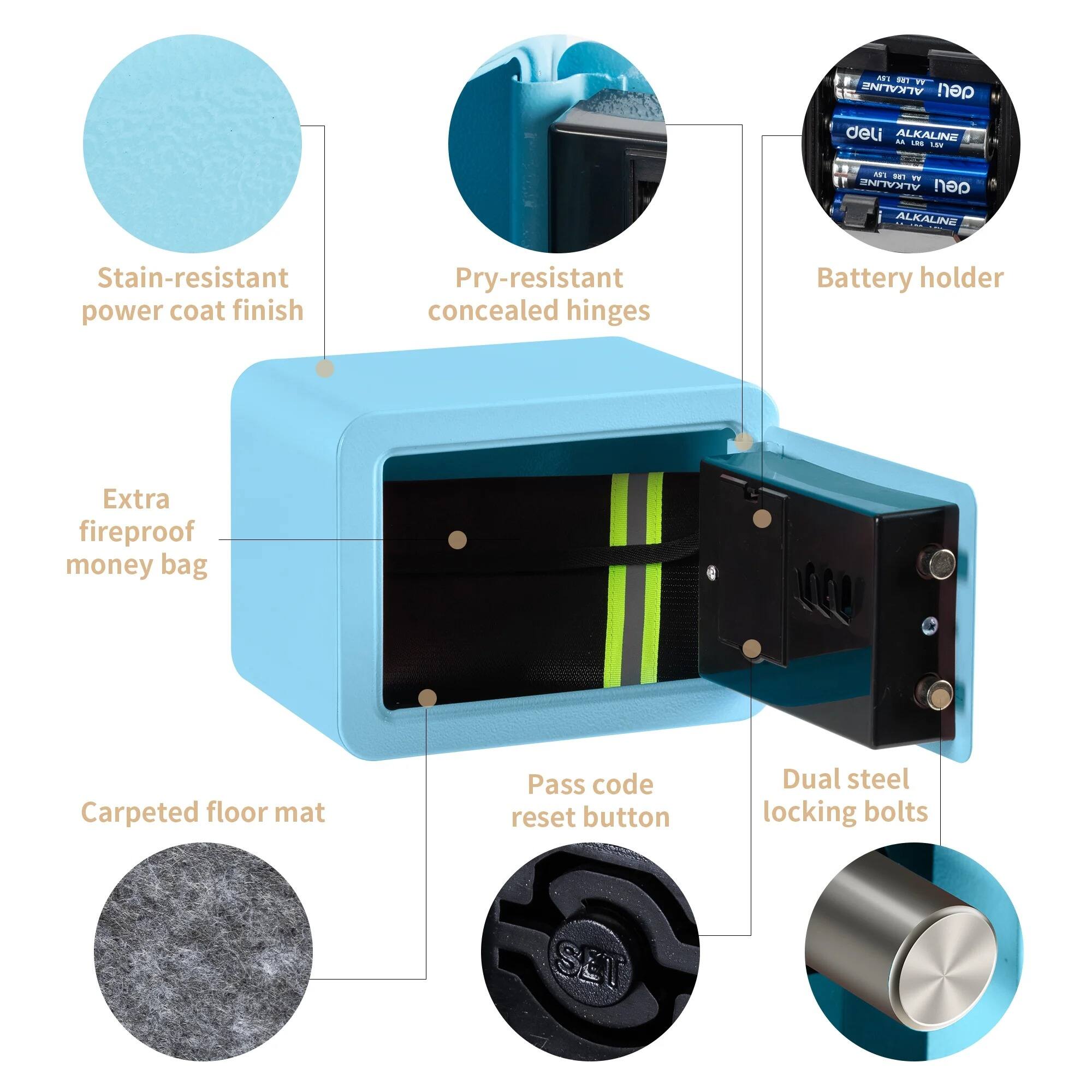 PT ALKALINE deli ALKALINE -- 1. Lav N Fe T ALKALINE deli ALKALINE Stain-resistant power coat finish Pry-resistant concealed hinges Battery holder Extra fireproof money bag Carpeted floor mat Pass code reset button Dual steel locking bolts SET