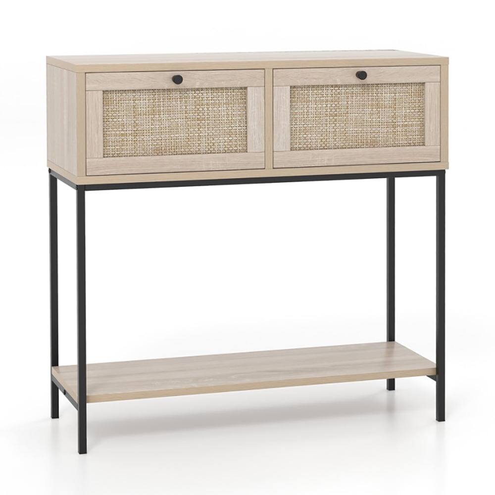 Pefilos - Rattan Console Table Boho Entryway Table with 2 Rattan Drawers and Open Storage Shelf-Oak, Entryway Table Hallway Table - Brown