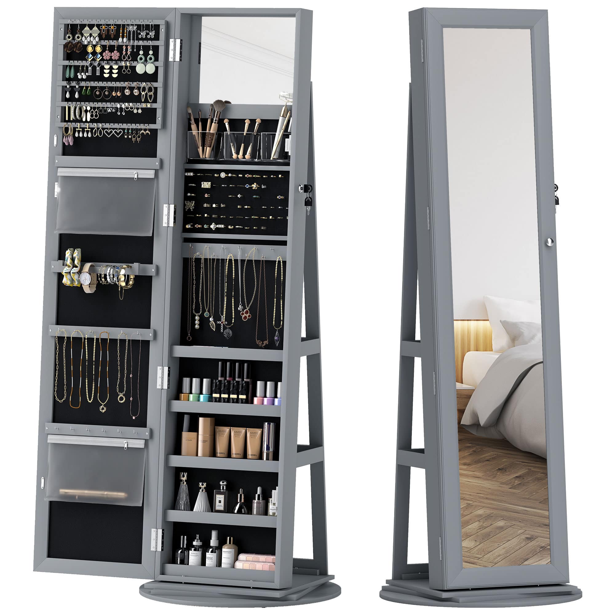 Homcom - Swivel Jewelry Armoire, Lockable Jewelry Cabinet with Full-Length Mirror - Gray