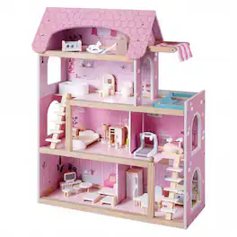 Costway - Kids Wooden Dollhouse 4-Story Modern Doll House with 33Pcs Furniture Accessories - Pink