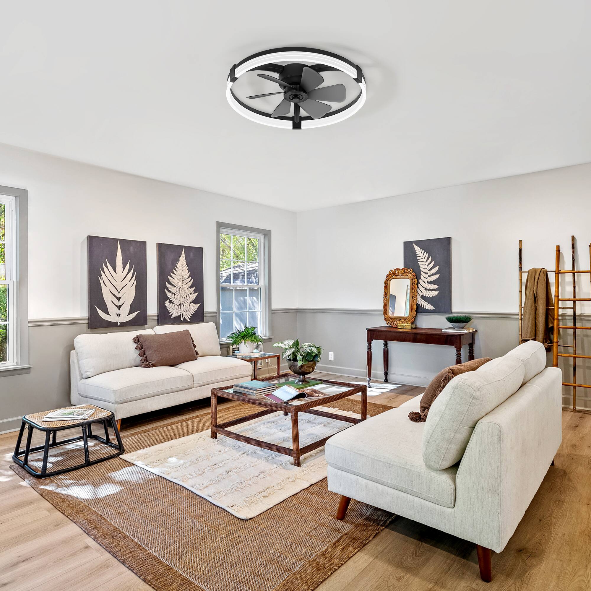 Alt View 8. Breezary - 23-Inch Flush Mount Detachable Enclosed Ceiling Fan - LED Ring Light, Remote, 6 Speeds, Dimmable & Reversible DC Motor - Black and Slate Blue.