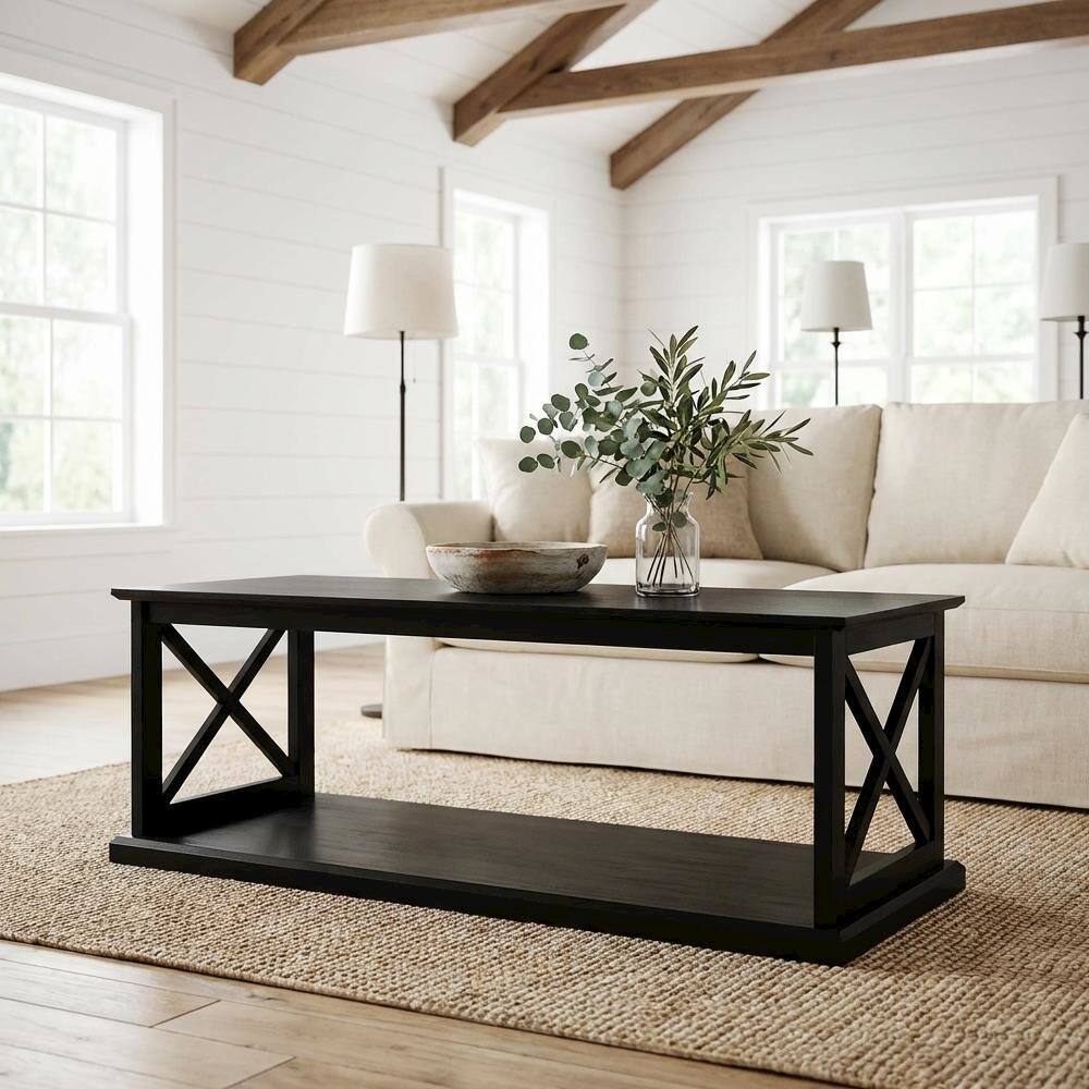 Left. FurniFact - Black Coffee Table with Shelf and Sturdy Frame for Living Room Storage - Black.