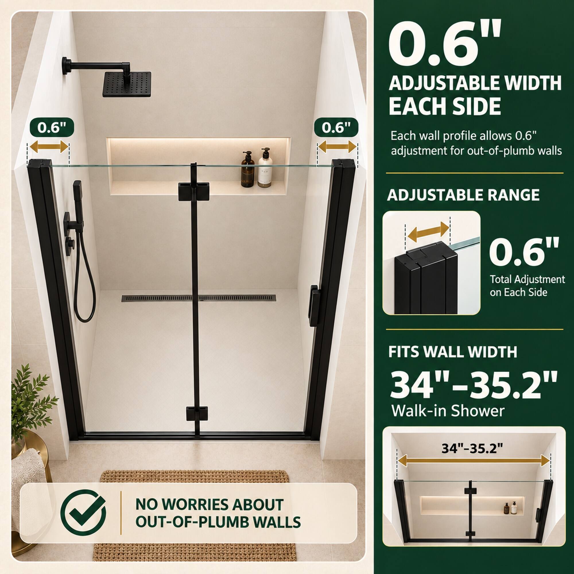 0.6"  
0.6" ADJUSTABLE WIDTH EACH SIDE  
0.6" Each wall profile allows 0.6" adjustment for out-of-plumb walls  
ADJUSTABLE RANGE  
0.6" Total Adjustment on Each Side  
FITS WALL WIDTH 34"-35.2" Walk-in Shower  
34"-35.2"  
NO WORRIES ABOUT OUT-OF-PLUMB WALLS