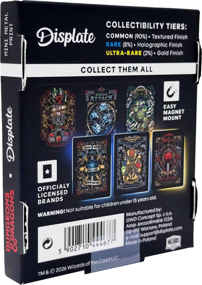 METAL PRINT COLLECTIBILITY COMMON TIERS: Displate (90%) Textured Finish RARE (8%) Holographic Finish ULTRA-RARE (2%) Gold Finish COLLECT THEM ALL SNEAK ATTACK EASY MAGNET MOUNT Displate ROLL OFFICIALLY LICENSED BRANDS under 15 years for children Not suitable by: WARNING! Manufactured by: GWD Concept Sp. z o.o. DUNGEONS & DRAGONS GWD Jerozolimskie 123A Aleje Warsaw, Poland 02-017 support@displate.com e-mail: Poland Made in WIZ 902710 444677 5 Coast LLC. of the 2026 Wizards TM &
