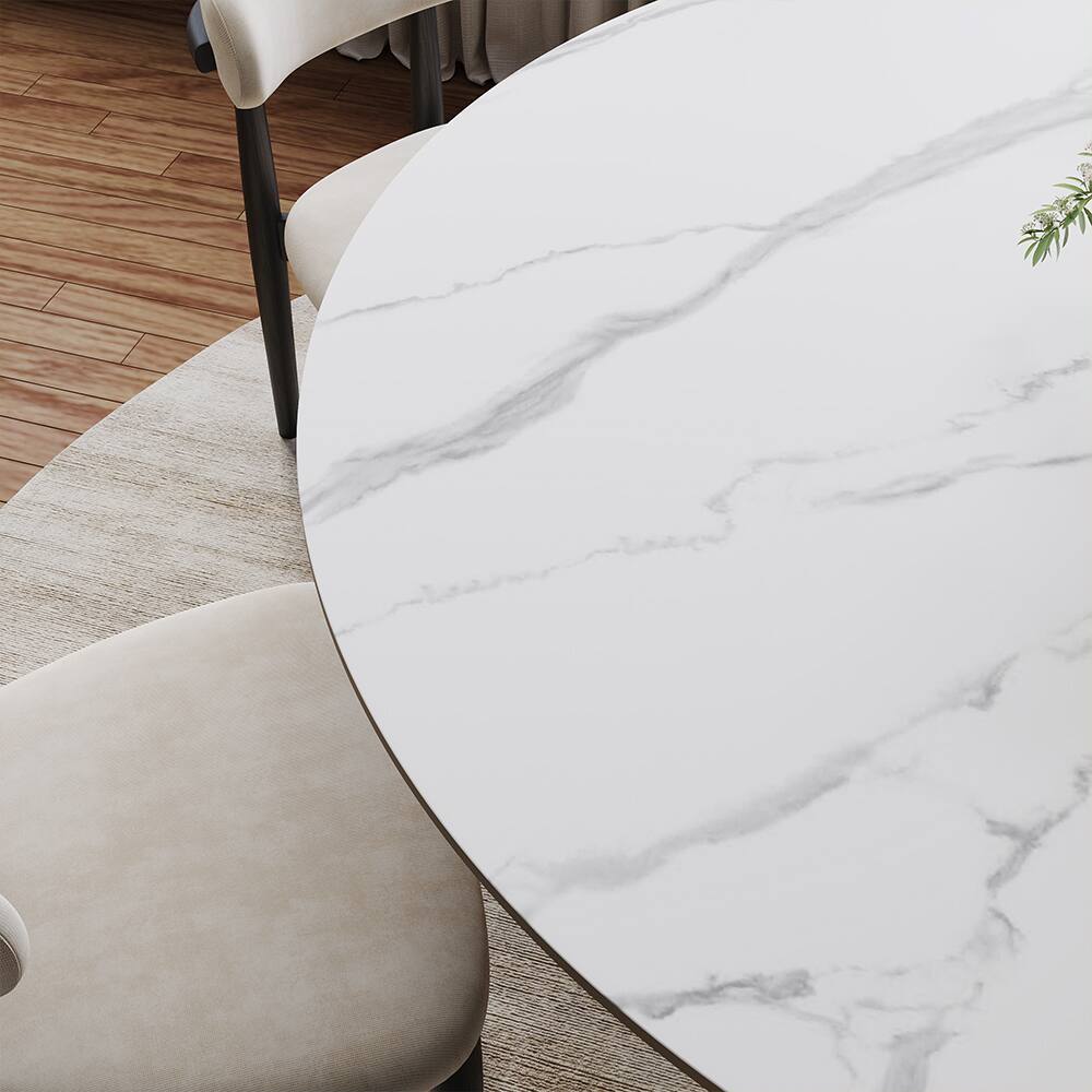 Alt View 1. POVISON - 59" White Round Matte Sintered Stone Dining Table with Bronze U-shaped Steel Base - White Matte Sintered Stone with Bronze Steel Base.