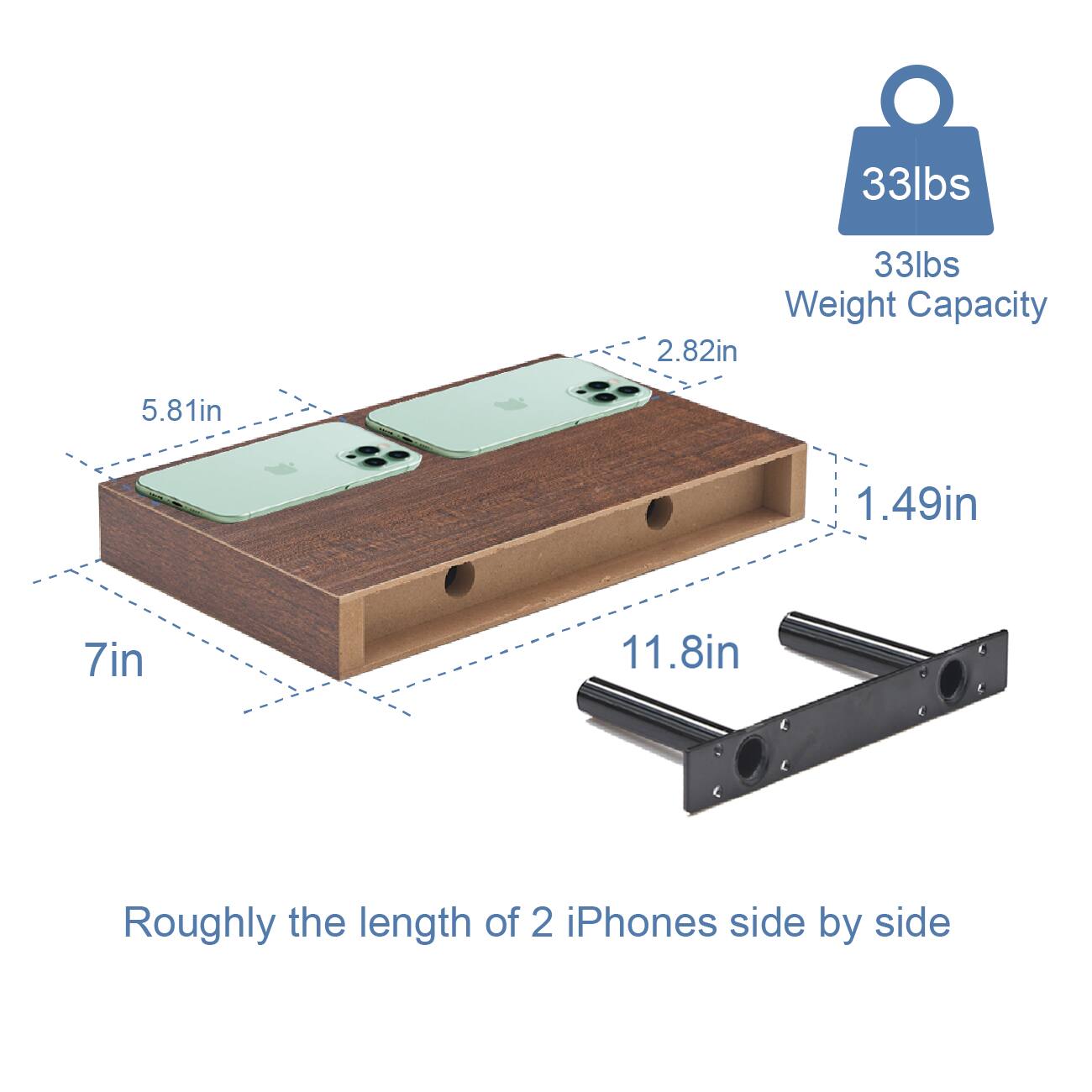 33lbs Weight Capacity

5.81in

2.82in

1.49in

7in

11.8in

Roughly the length of 2 iPhones side by side