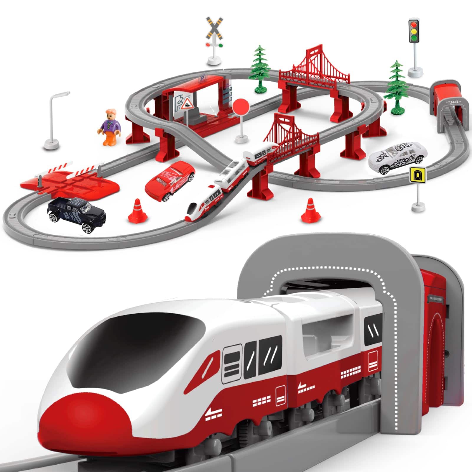 EZTW1 - Sets For 66 Trains With Operated & Tracks magnetic Connection Compatible Thomas Brio Christmas Gifts 3 4 5 6 7 Old - Red 104PCS