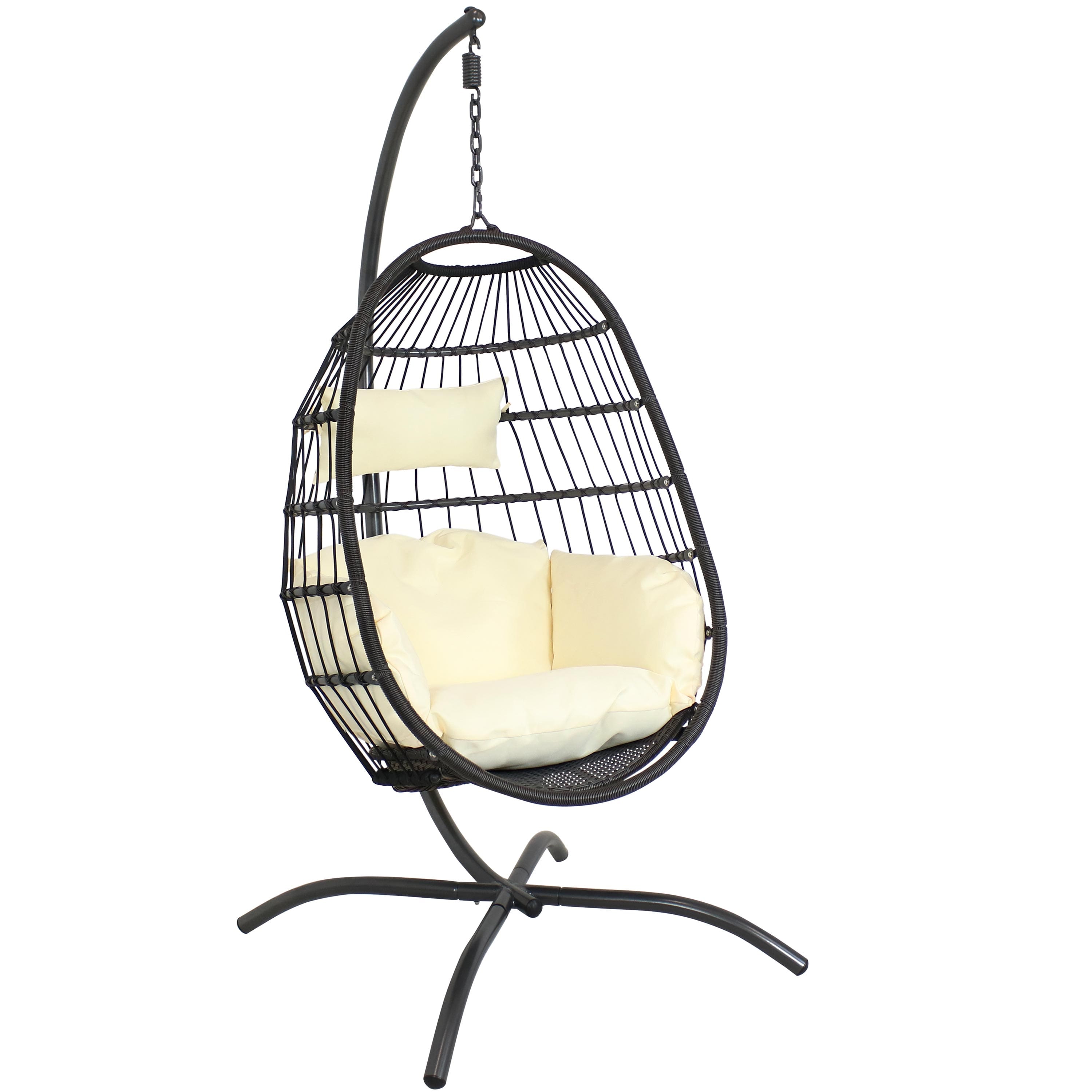 Photos - Garden Furniture EGG Sunnydaze - Resin Wicker Hanging  Chair with Steel Stand/Cushions - Cream Cushions 