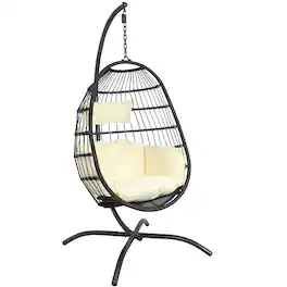 Sunnydaze - Resin Wicker Hanging Egg Chair with Steel Stand/Cushions - Cream Cushions