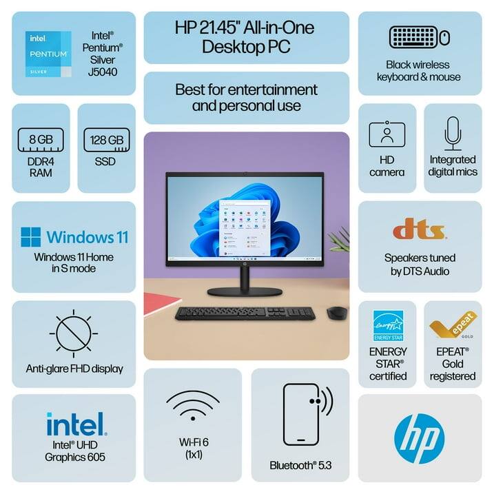 Intel Pentium Silver J5040 HP 21.45" All-in-One Desktop PC  
Best for entertainment and personal use  
Black wireless keyboard & mouse  
8 GB DDR4 RAM  
128 GB SSD  
Windows 11 Home in S mode  
Anti-glare FHD display  
Intel UHD Graphics 605  
Wi-Fi 6 (1x1)  
Bluetooth 5.3  
HD camera  
Integrated digital mics  
Speakers tuned by DTS Audio  
ENERGY STAR certified  
EPEAT Gold registered