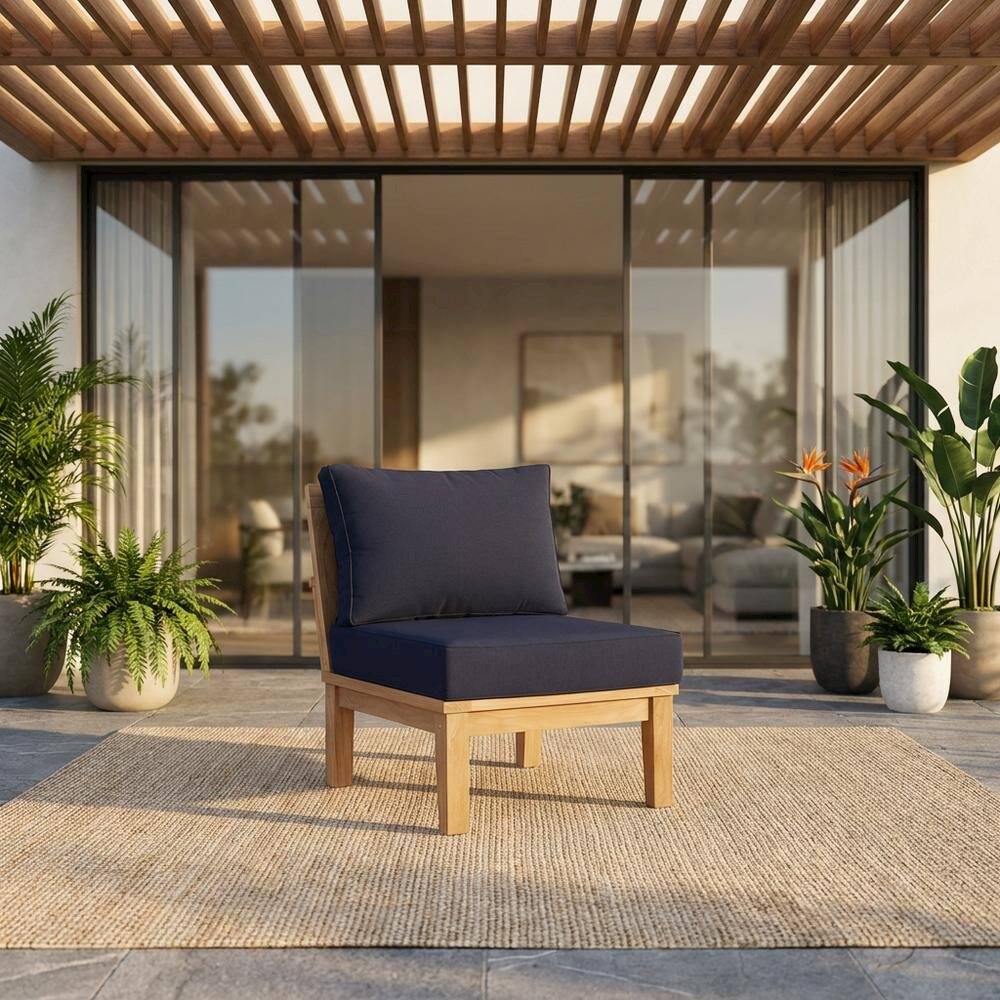 Angle. Outdoor Escape - Outdoor Patio Teak Sofa With Cushions And Modern Design - Blue.