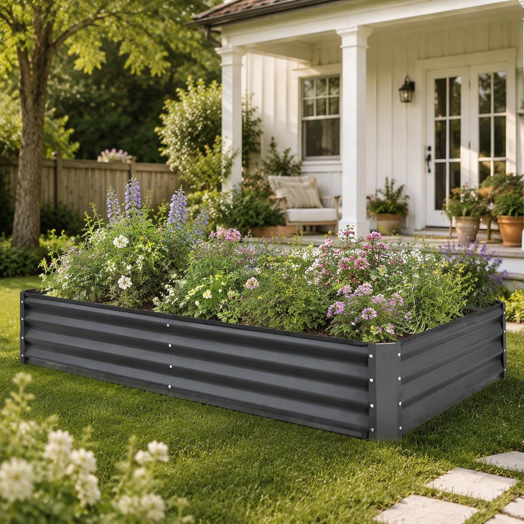 Angle. RYHNUYNE - Galvanized Raised Garden Bed 8x4x1 ft Gray Metal Planter Box for Vegetables Fruits Flowers Outdoor Gardening - Gray.