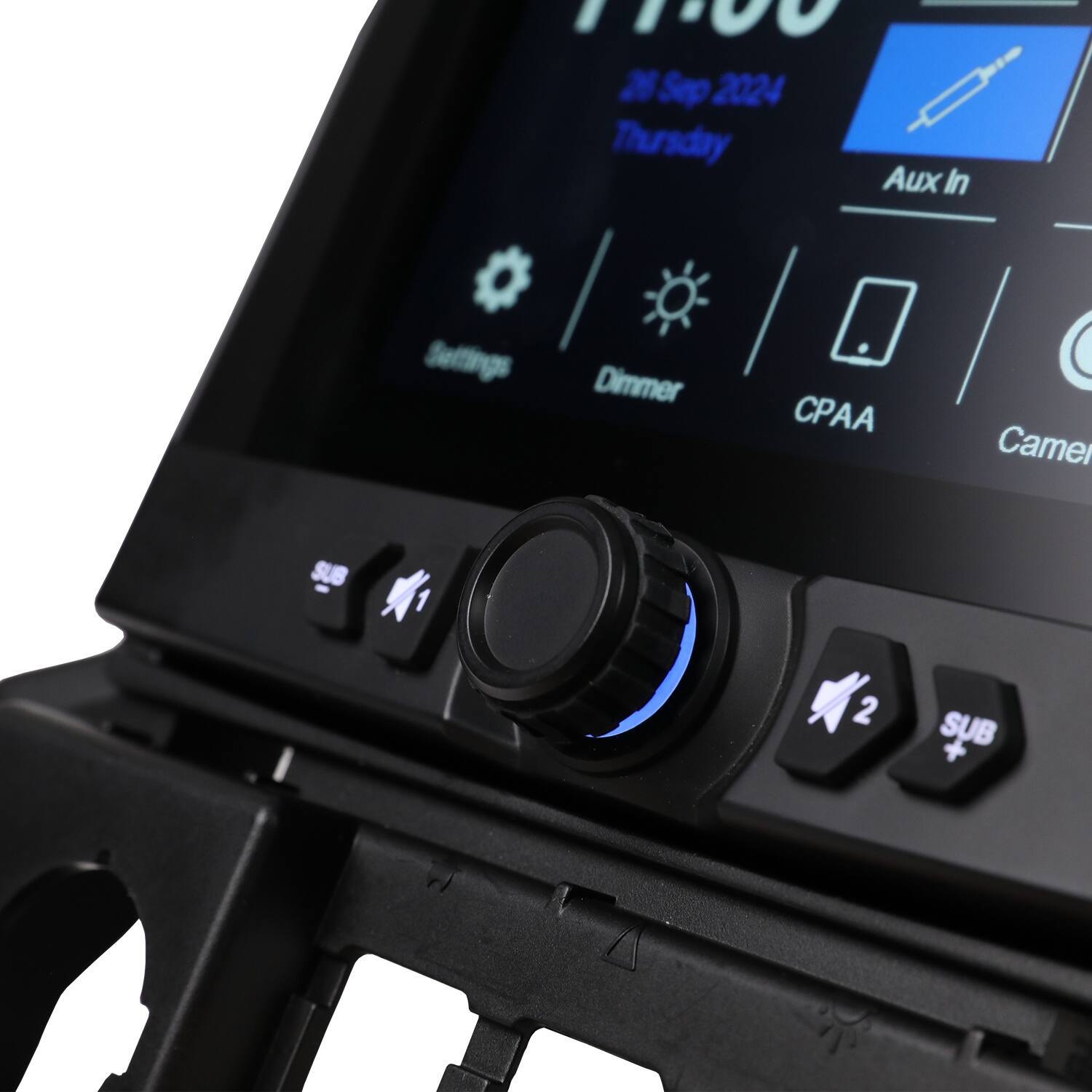 The text on the image reads: "10e 28 Sep 2024 Thursday Aux In Settings Dimmer CPAA Came SUB 2 SUB +". This text is grouped into the following categories:

1. Date and time: "10e 28 Sep 2024 Thursday"
2. Settings: "Aux In Settings Dimmer CPAA Came SUB 2 SUB +"