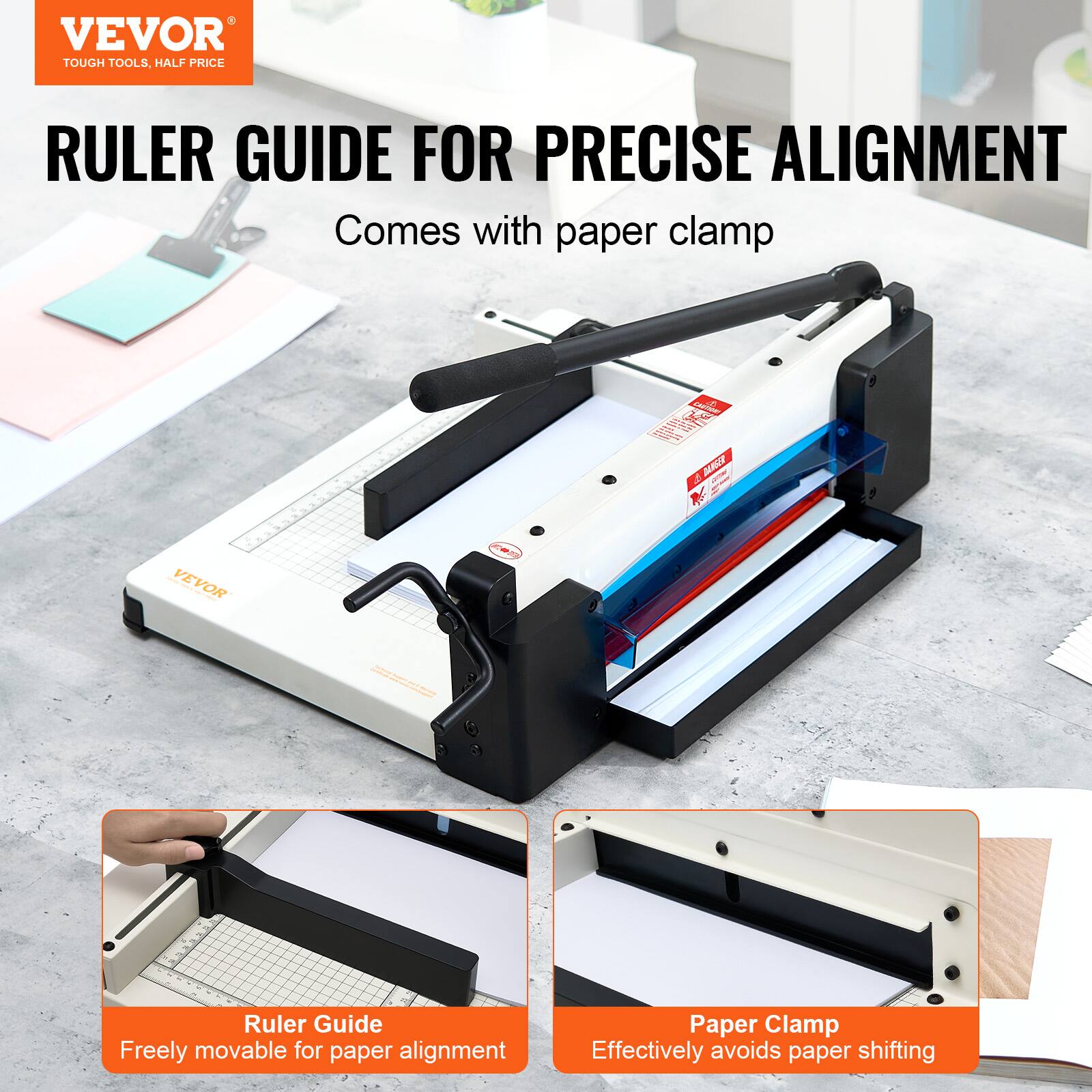 VEVOR  
TOUGH TOOLS, HALF PRICE  

RULER GUIDE FOR PRECISE ALIGNMENT  
Comes with paper clamp  

Ruler Guide  
Freely movable for paper alignment  

Paper Clamp  
Effectively avoids paper shifting