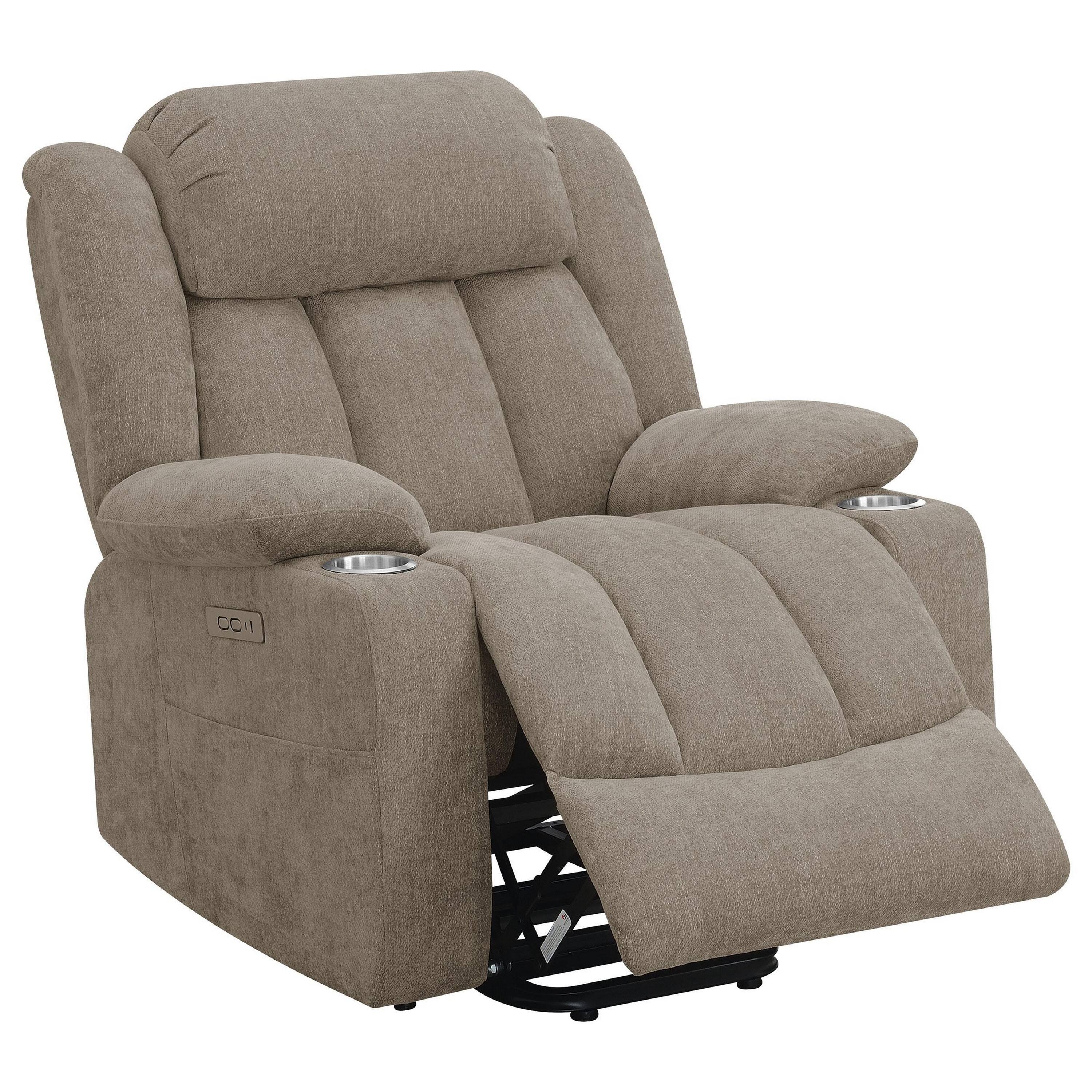 Angle. Manhattan Lane - Limi Power Lift Recliner Chair, Camel , USB Port, Cupholders - Camel Brown.