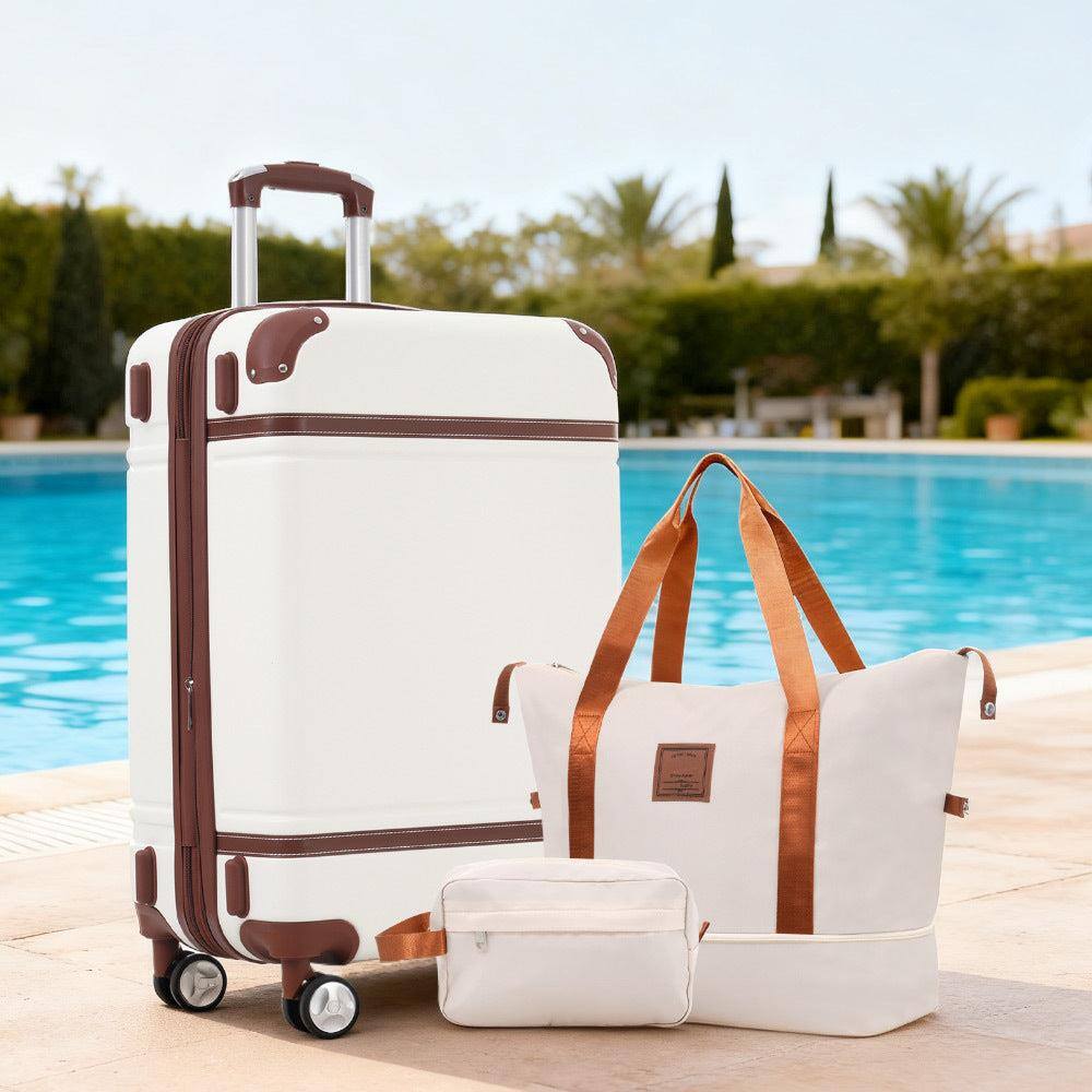 Angle. BreeBe - Hardshell Luggage Set with Bags, Lightweight 28" Suitcase with Double Spinner Wheels and TSA Lock, Vintage Design - White.