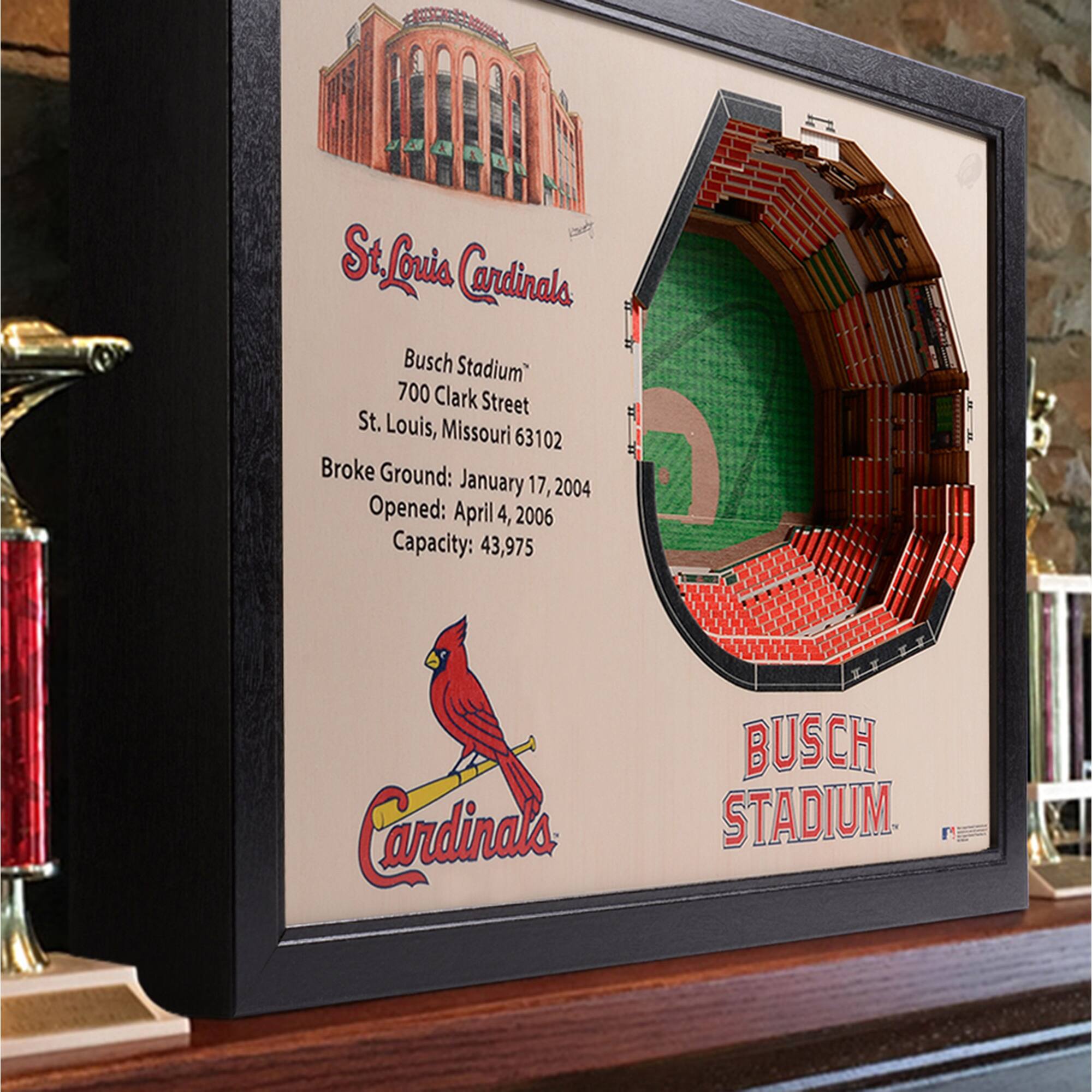 St. Louis Cardinals  
Busch Stadium  
700 Clark Street  
St. Louis, Missouri 63102  

Broke Ground: January 17, 2004  
Opened: April 4, 2006  
Capacity: 43,975  

Cardinals  
BUSCH STADIUM