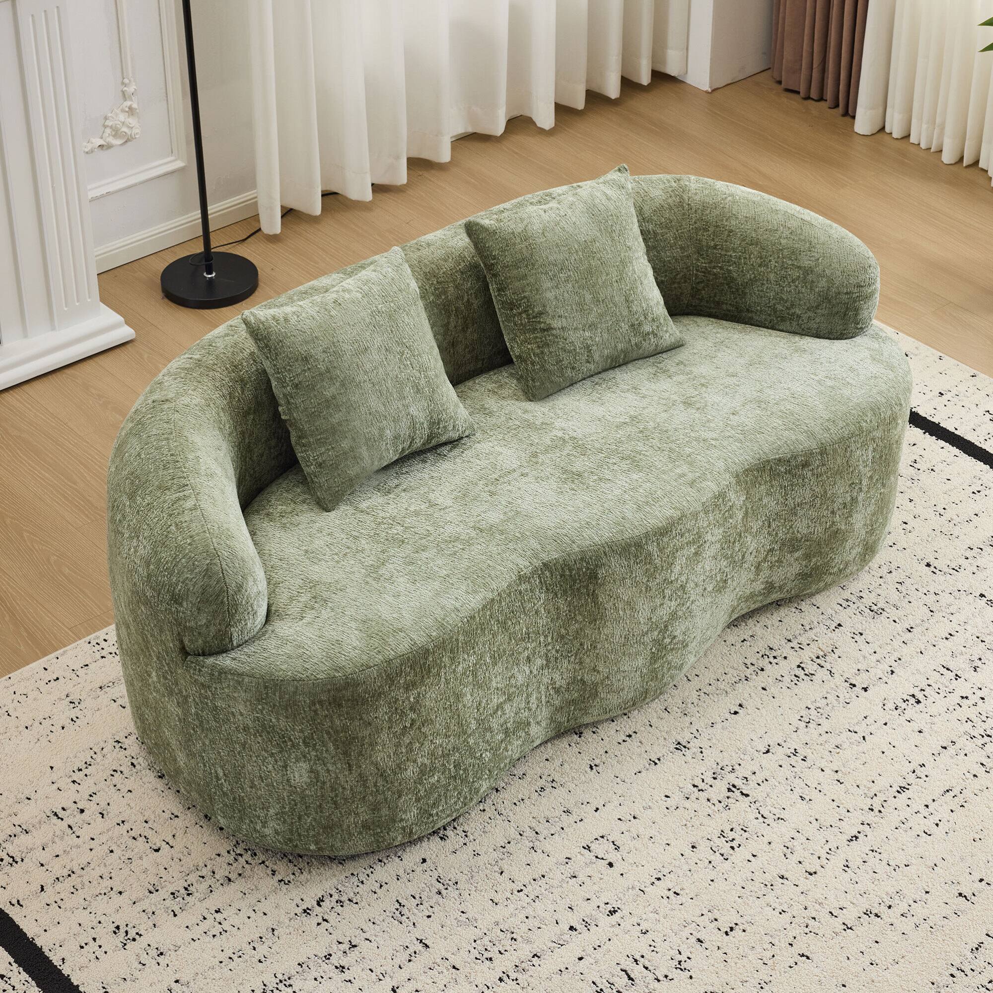 Front. GOODSILO - Curved Loveseat Sofa with Round Armrest and Compression Cushioning, Includes Two Decorative Pillows - Green.