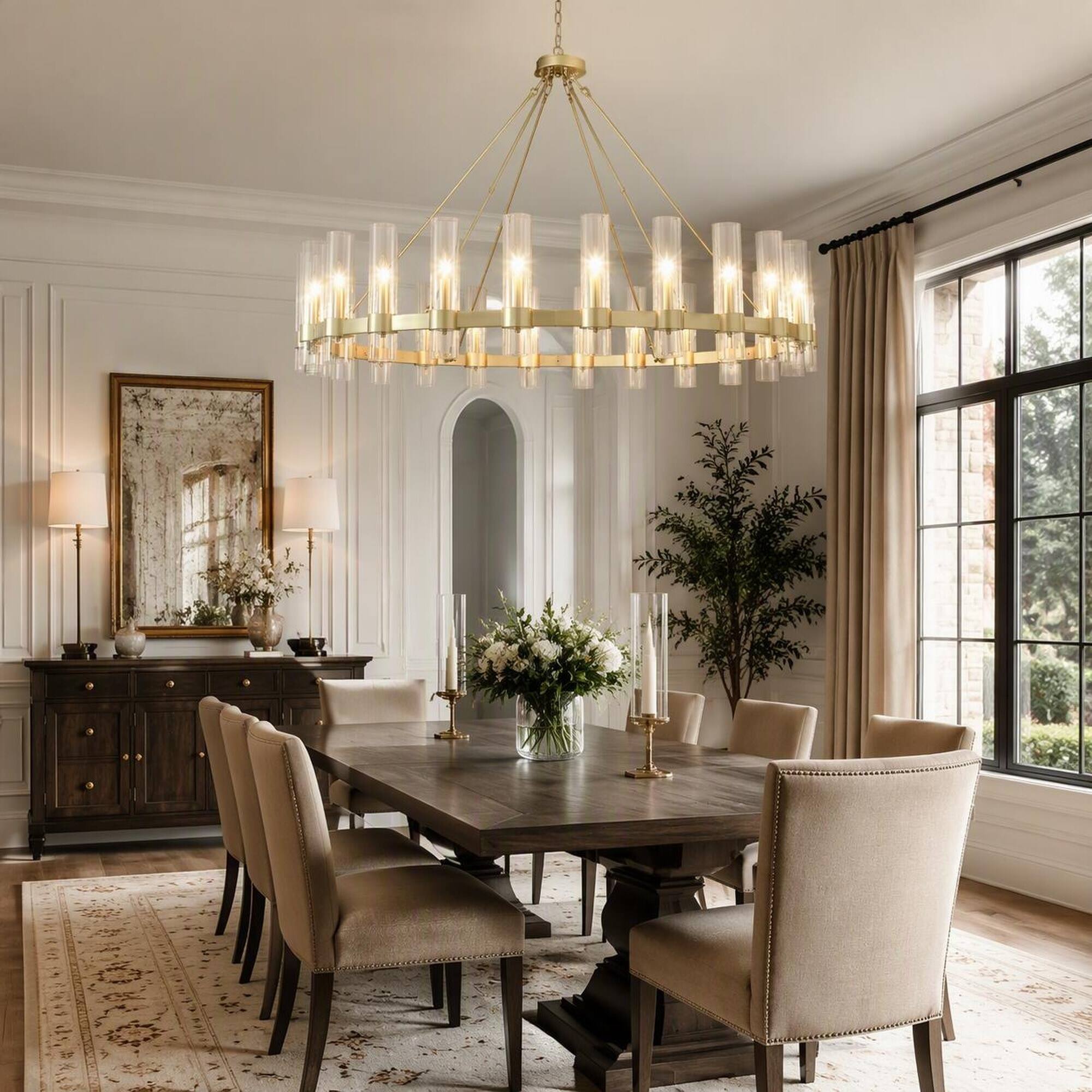 Left. RYHNUYNE - Gold 24-Light Wagon Wheel Chandelier with Seeded Glass Shades, Adjustable Chains for Dining Room, Kitchen Island.