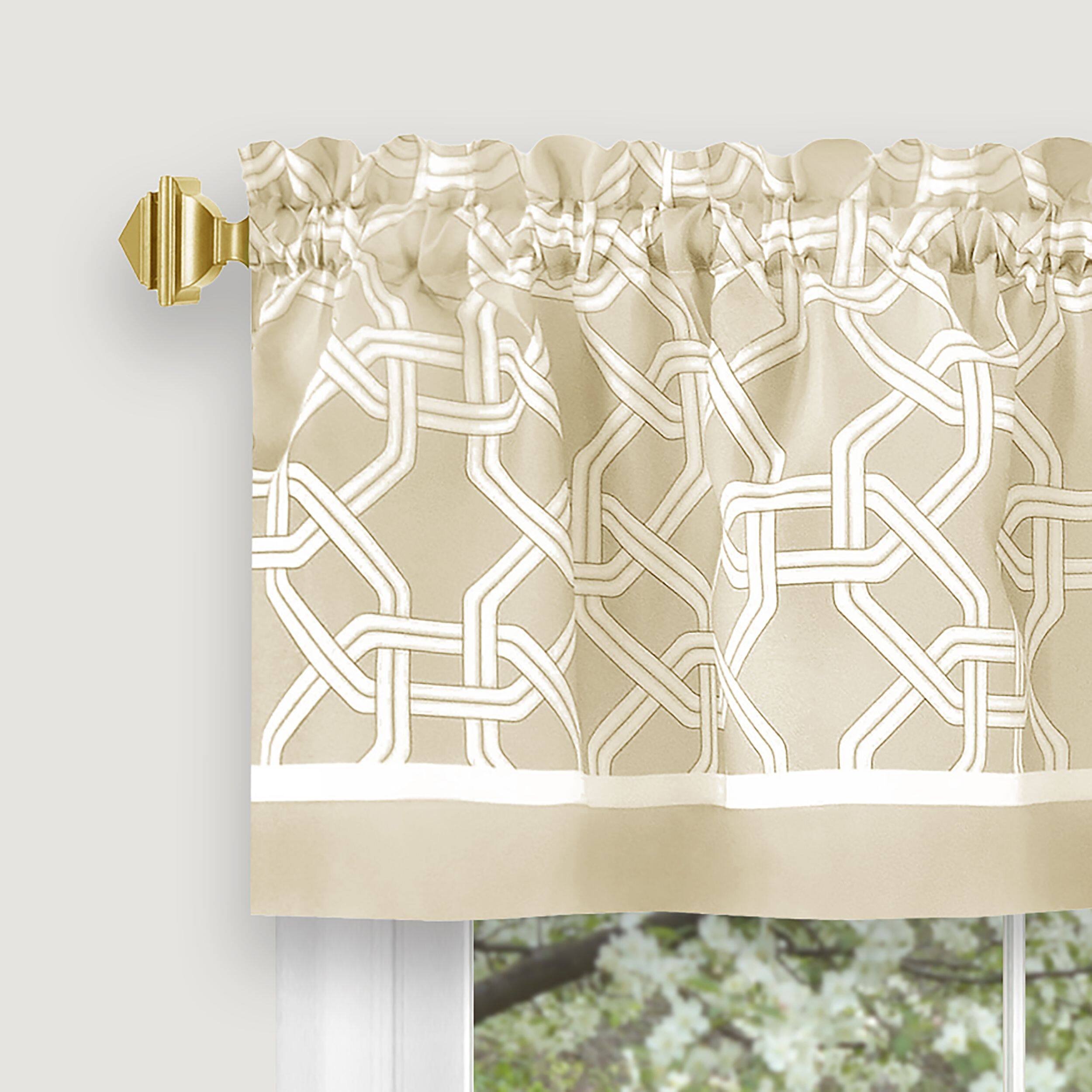 Left. Kate Aurora - Kate Aurora Geometric Crescent 3 Piece Rod Pocket Cafe Kitchen Curtain Tier & Valance Set - 24 in. Long - Taupe - Taupe.
