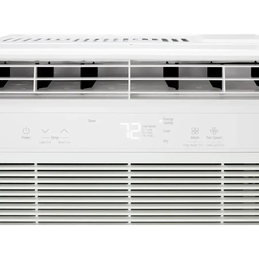 The text on the image reads: "Power Temp Light (3s) Mute (3s) Timer Fan Speed F LOW 72°F F2 High Auto Energy Saving Cool Dry Mode CF Filter Reset (3s) Fan Speed CL Child Lock (3s)".