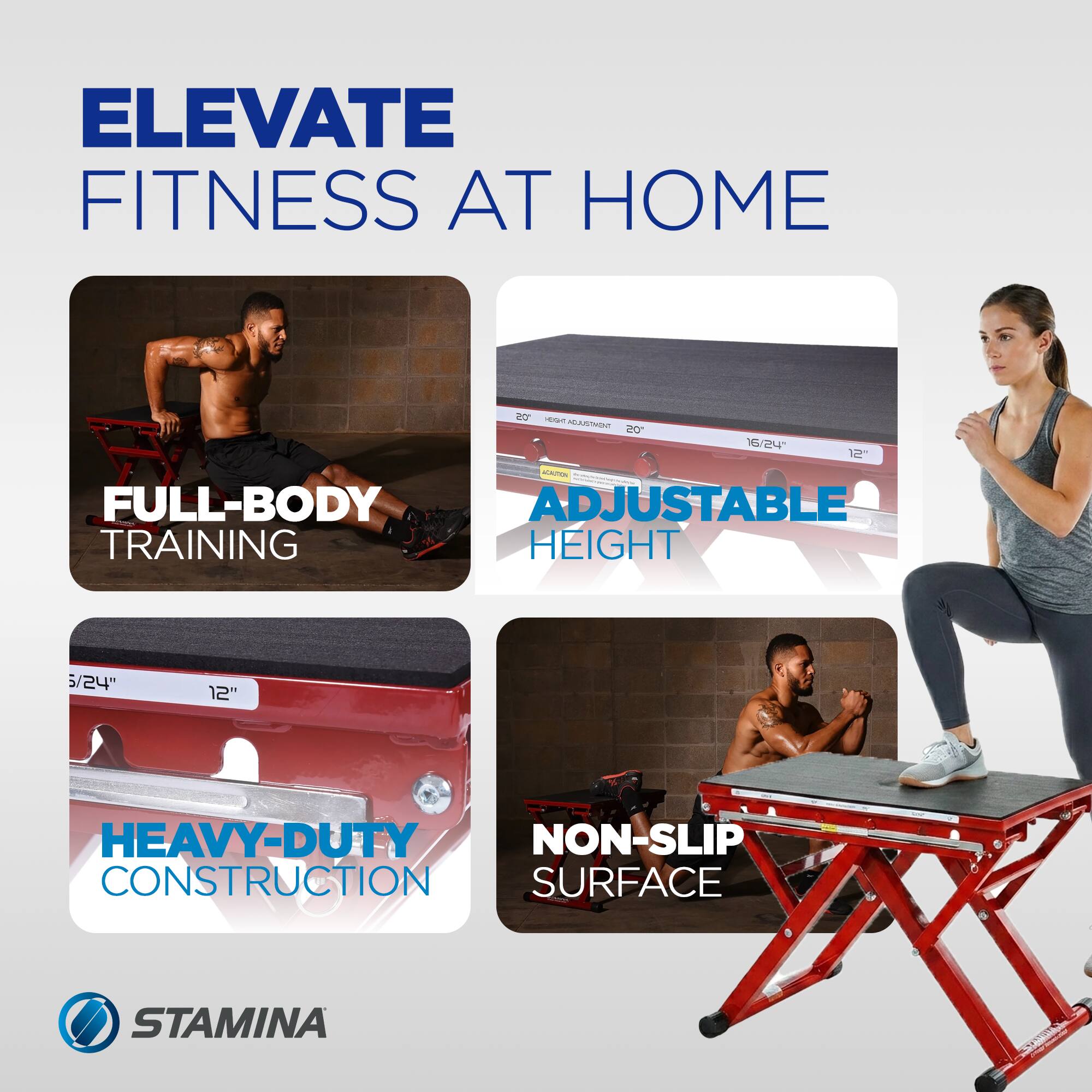 ELEVATE FITNESS AT HOME

- FULL-BODY TRAINING
- ADJUSTABLE TRAINING HEIGHT
- HEAVY-DUTY CONSTRUCTION
- NON-SLIP SURFACE

STAMINA