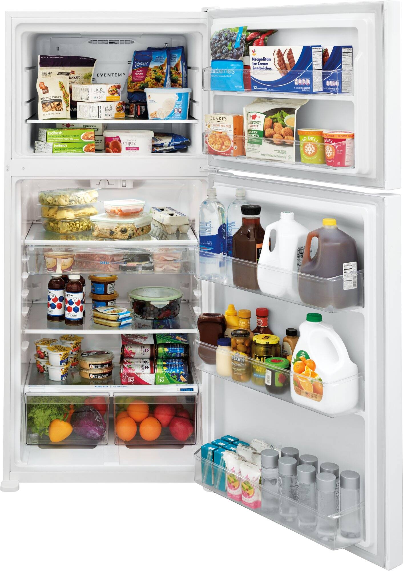 The image shows a refrigerator with its door open, revealing a variety of food and drinks. There are several bottles of drinks, including milk and juice, as well as a few bowls and cups. The refrigerator also contains a variety of fruits, such as apples and oranges, and vegetables like broccoli. Additionally, there are a few books placed on the shelves, possibly cookbooks or reference materials. The refrigerator is well-stocked and organized, providing a diverse range of food and beverages for consumption.
