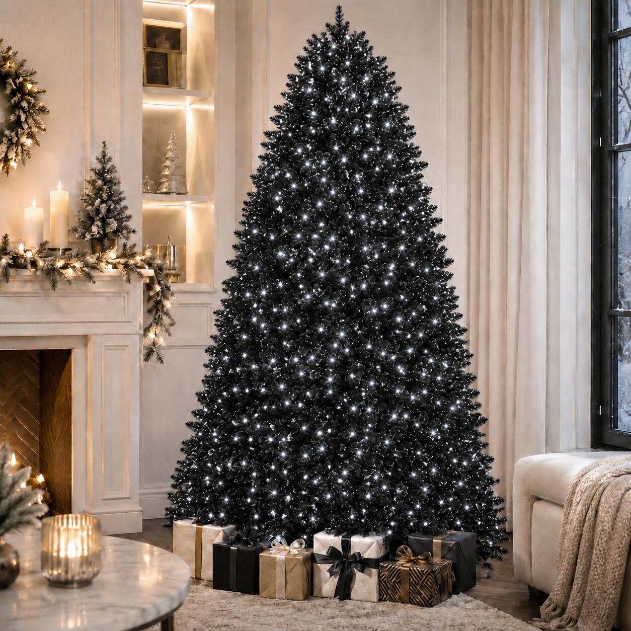 Front. Anysun - 6ft Christmas Tree with 350 White LED Lights – 1460 Tips PE+PVC Artificial Tree, Hinged Structure & Stable Stand - Black.