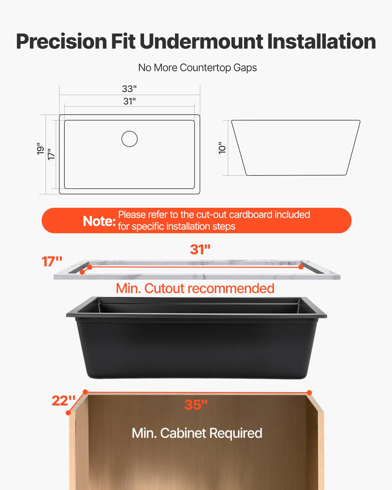 Precision Fit Undermount Installation  
No More Countertop Gaps  

33"  
31"  
19"  
17"  
10"  

Please refer to the cut-out cardboard included for specific installation steps  

Note:  
17"  
31"  
Min. Cutout recommended  

22"  
35"  
Min. Cabinet Required