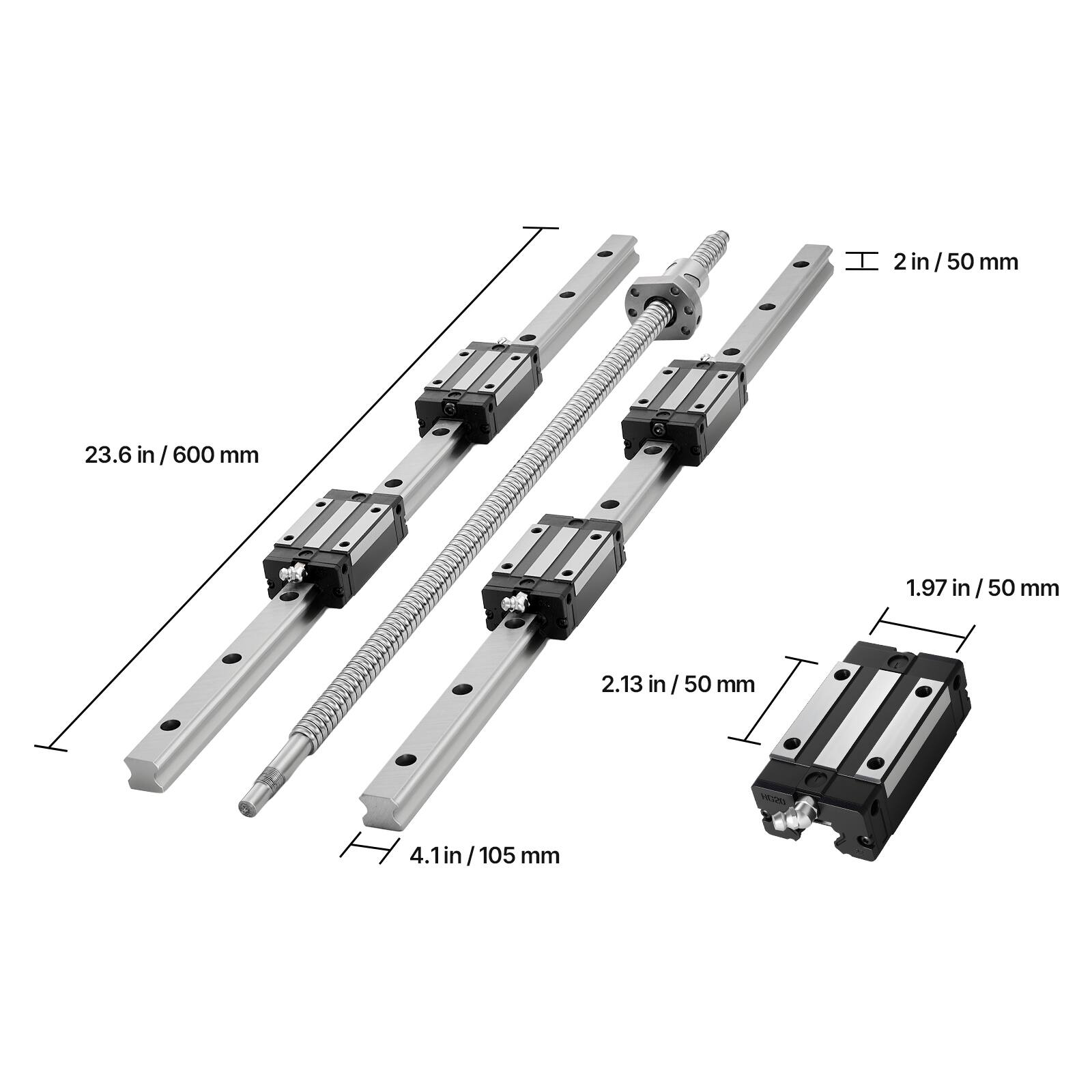 H 2 in/50 mm  
23.6 in/600 mm  
1.97 in/50 mm  
2.13 in/50 mm  
4.1 in/105 mm