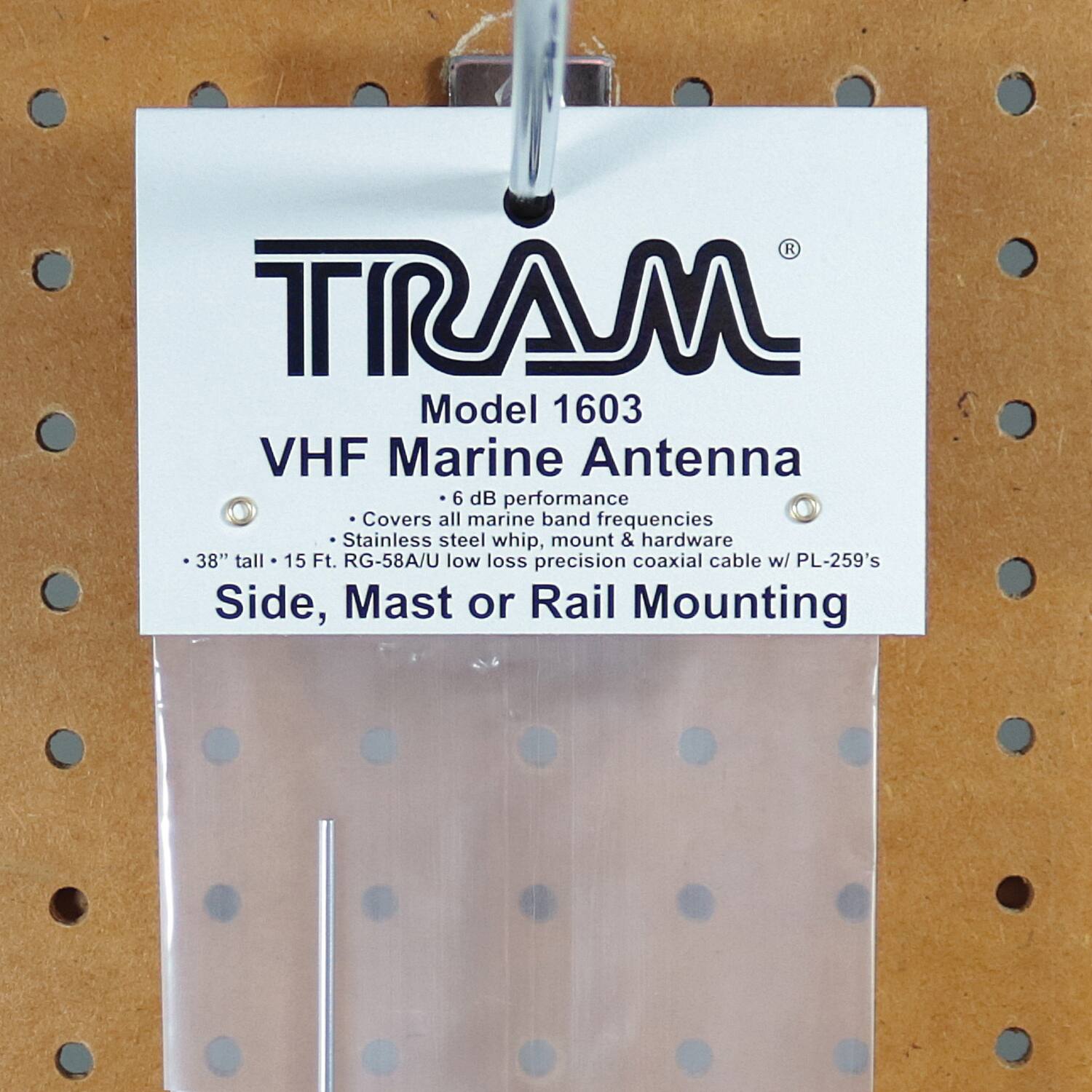 TRAM  
Model 1603  
VHF Marine Antenna  

- 6 dB performance  
- Covers all marine band frequencies  
- Stainless steel whip, mount & hardware  
- 38" tall  
- 15 Ft. RG-58A/U low loss precision coaxial cable w/ PL-259's  

Side, Mast or Rail Mounting