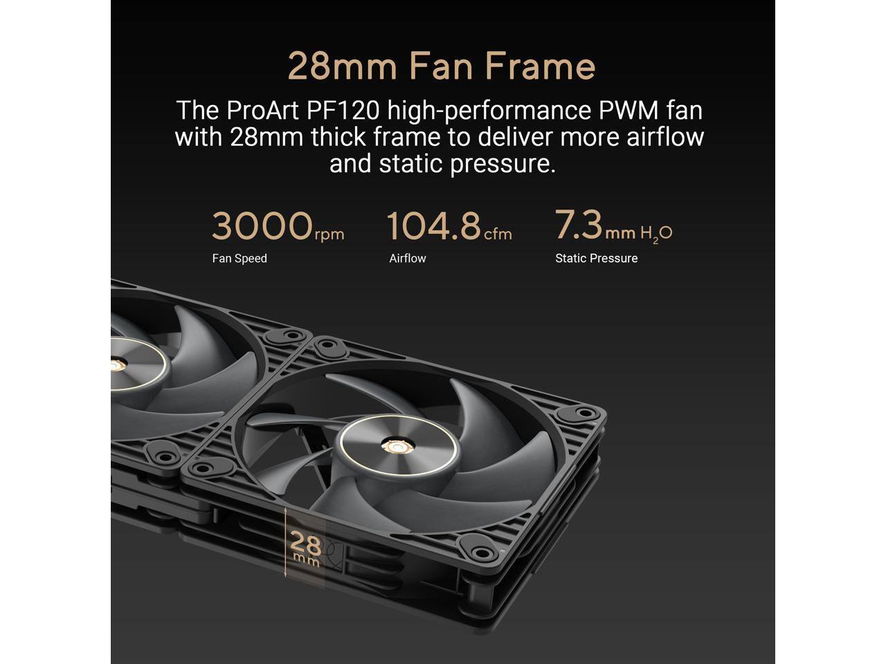 28mm Fan Frame  
The ProArt PF120 high-performance PWM fan with 28mm thick frame to deliver more airflow and static pressure.  

3000 rpm Fan Speed  
104.8 cfm Airflow  
7.3 mm H2O Static Pressure  
28 mm