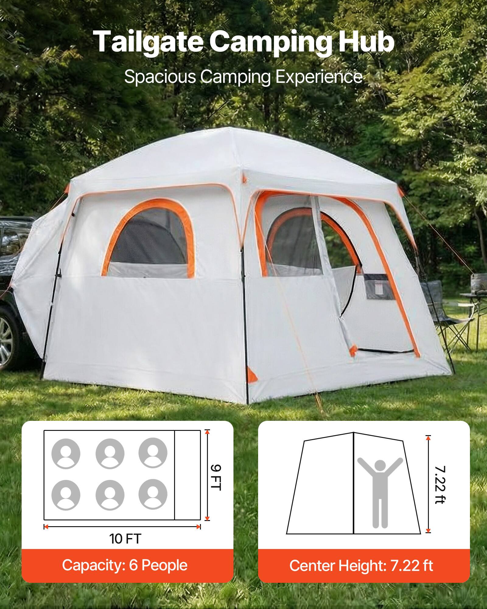 Tailgate Camping Hub  
Spacious Camping Experience  

Capacity: 6 People  
Center Height: 7.22 ft  

9 FT  
10 FT