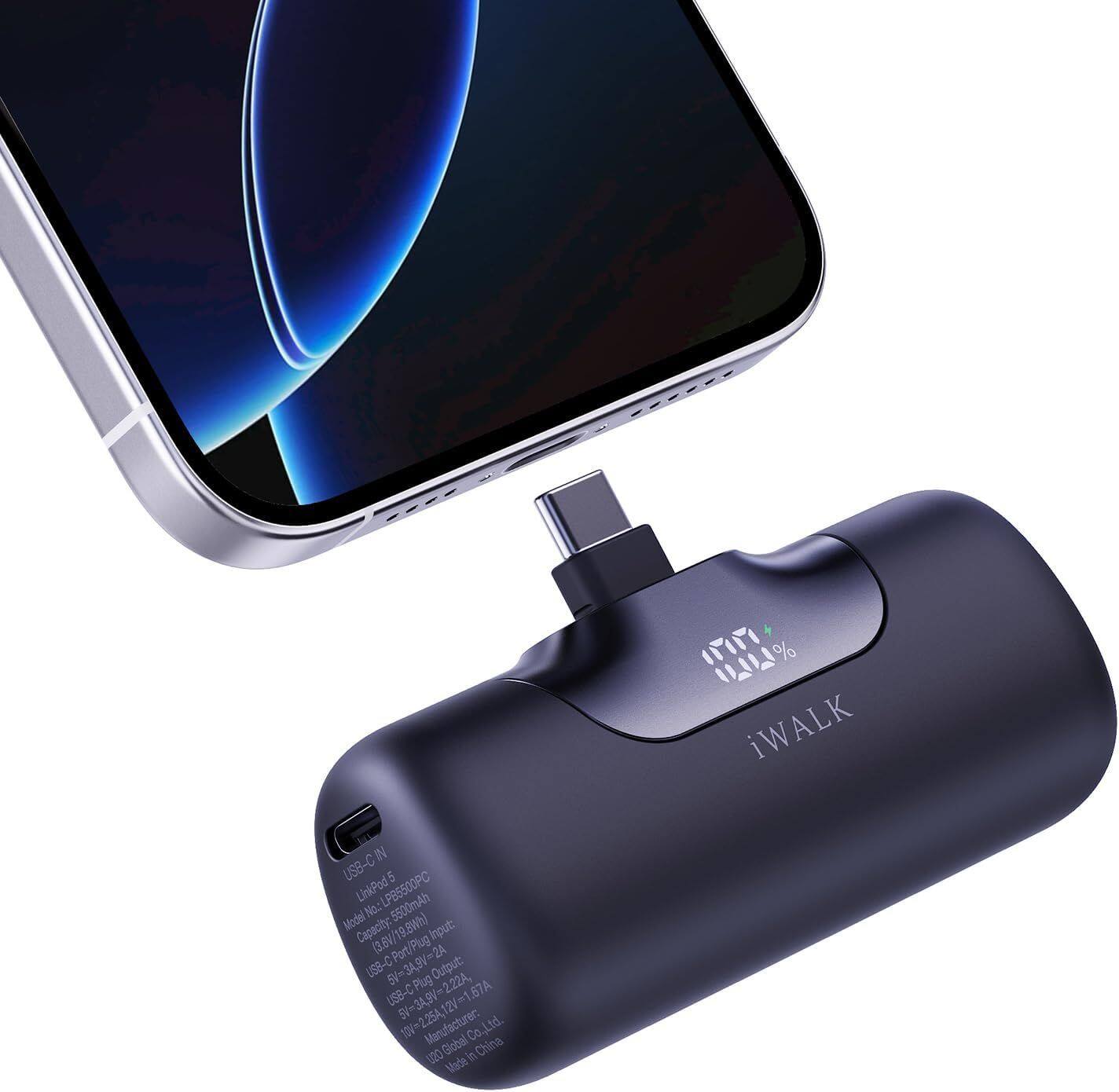 iWALK  
USB-C LinkPod5 LPB5500PC  
Model No.: 5500mAh  
Capacity: 3.6V/19.8Wh  
Plug Input: USB-C Port/Plug Port 3A, 9V-2A  
Output: USB-C 5V-3A, 9V-2.22A, 12V-1.67A  
Manufacturer: Co., Ltd.  
Made in China  

USB-C Plug  
Model No.: LPB5500PC  
Capacity: 5500mAh (3.6V/19.8Wh)  
USB-C Input: 5V-3A, 9V-2A  
USB-C Output: 5V-3A, 9V-2.22A, 12V-1.67A  
Model No.: LPB5500PC  
Made in China