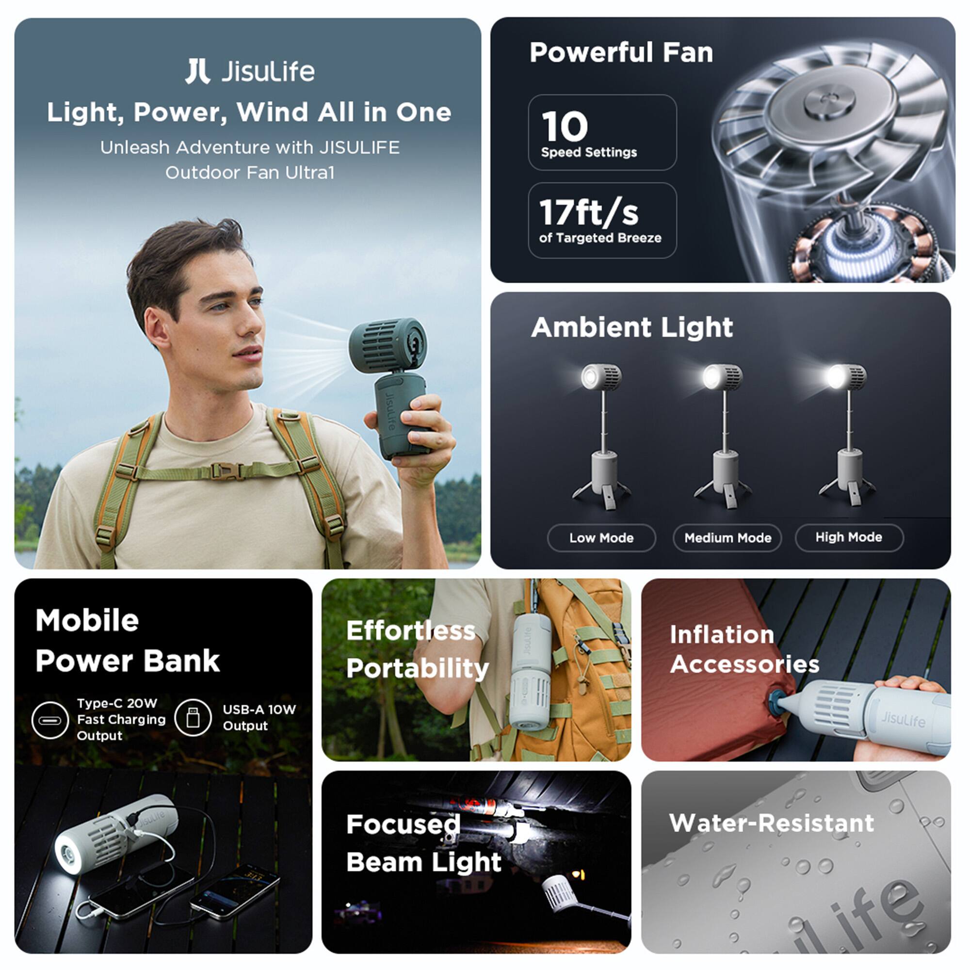 JisuLife: Light, Power, Wind All in One. Unleash Adventure with JISULIFE Outdoor Fan Ultra1.

- Powerful Fan: 10 Speed Settings, 17ft/s of Targeted Breeze.
- Ambient Light: Low Mode, Medium Mode, High Mode.
- Mobile Power Bank: 20W USB-A, 10W Fast Charging Output.
- Effortless Portability.
- Inflation Accessories.
- Focused Beam Light.
- Water-Resistant.