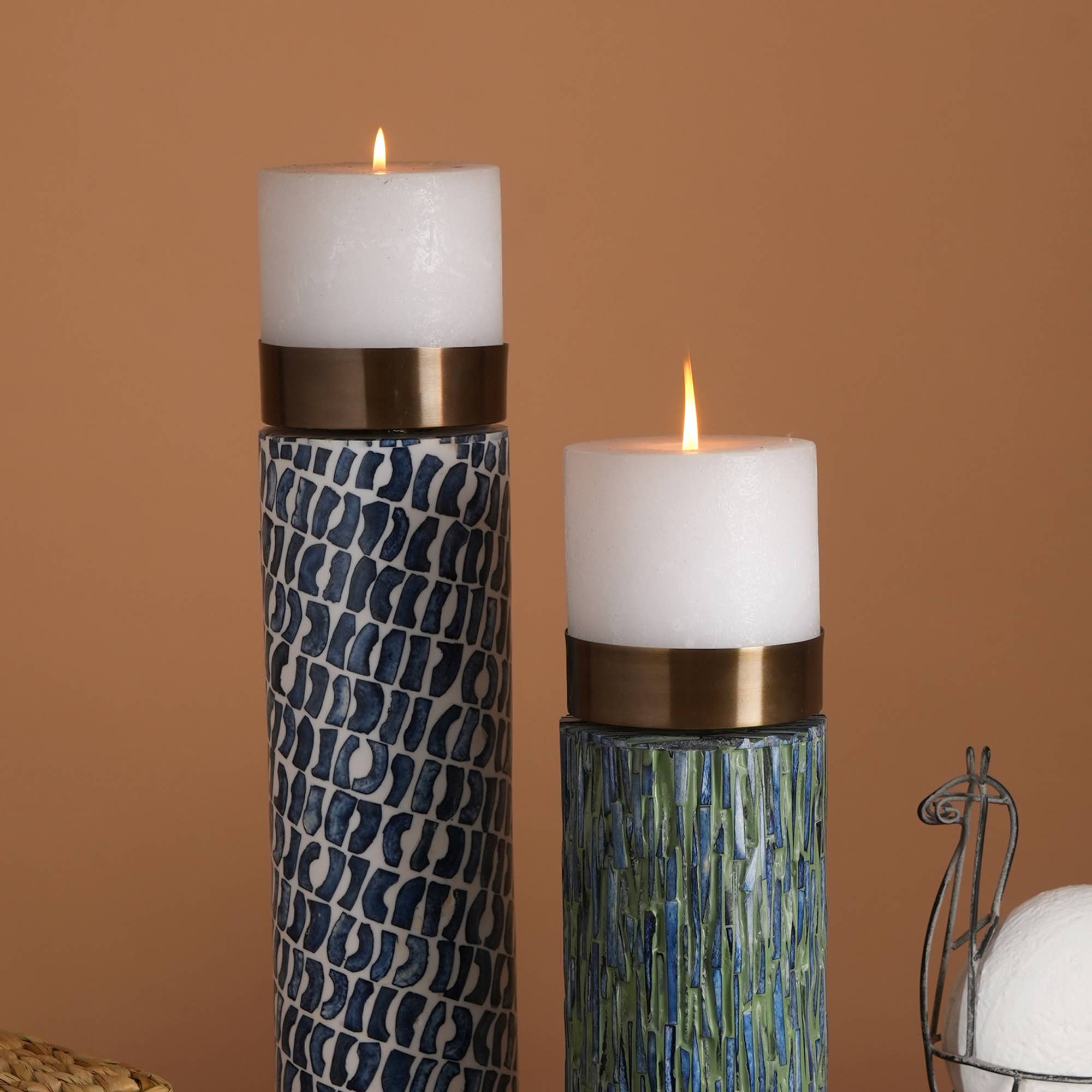 TinyHomie - Elegant Handcrafted Candle Stand Blue Bone White Resin Inlay Brass Top 4X155