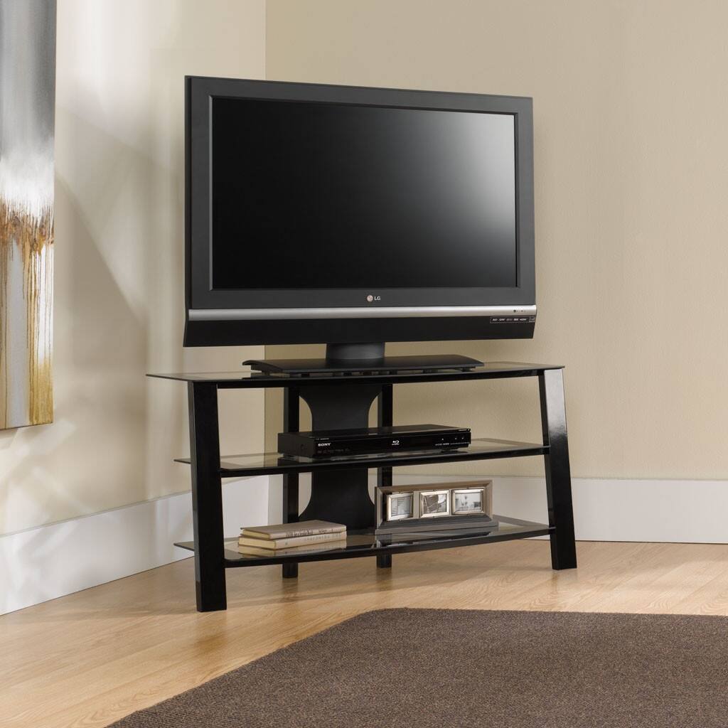 Angle. Hivvago - Contemporary 40-inch Black Metal TV Stand with Clear Glass Shelves - Black.