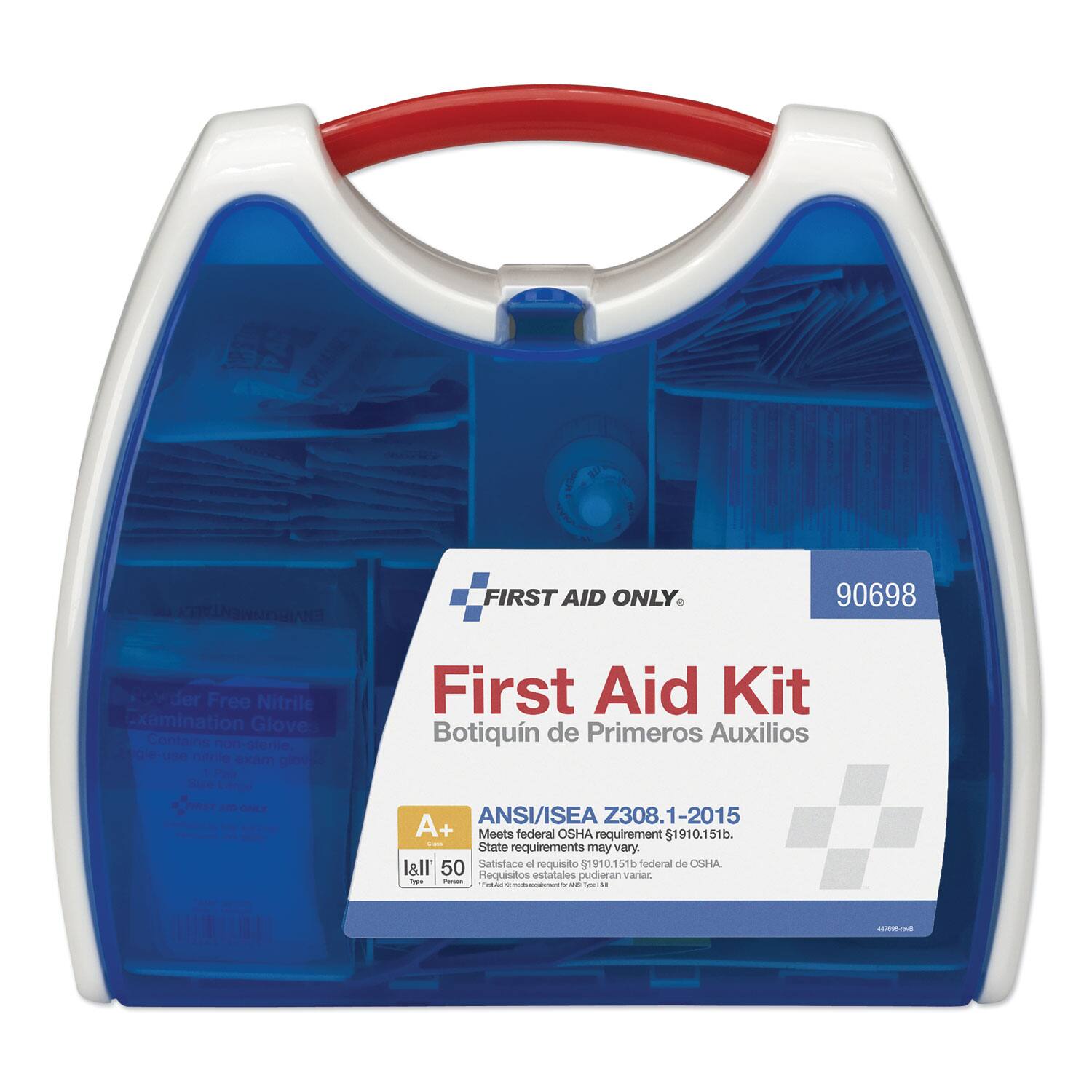 KOVINSHNOHIANG FIRST AID ONLY  
90698  
Free Nitrile Examination Gloves  
Contains non-sterile nitrile exam gloves  
- de Lange PEY -00 CONE  
First Aid Kit  
Botiquín de Primeros Auxilios  
ANSI/ISEA Z308.1-2015  
A+ Meets federal OSHA requirement 1910.151(b).  
State requirements may vary.  
Satisface el requisito 1910.151(b) federal de OSHA.  
Requisitos estatales pudieran variar.  

811/50