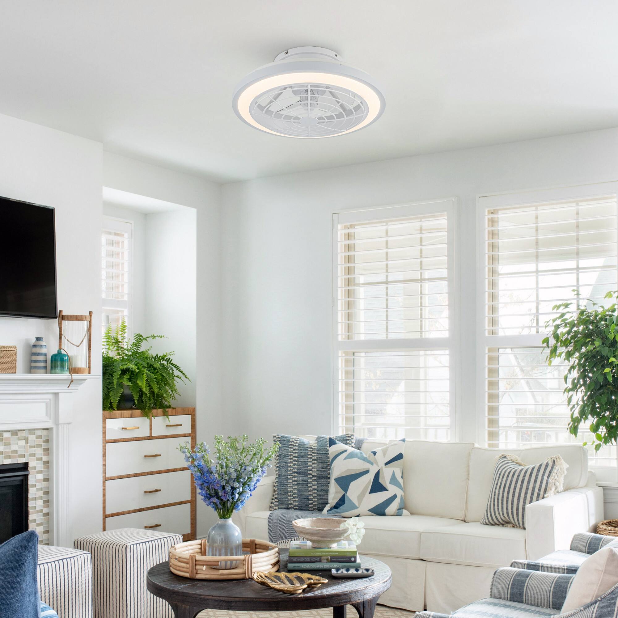 Left. Parrot Uncle - 19" White Flush Mount Ceiling Fan with LED and Remote - White.