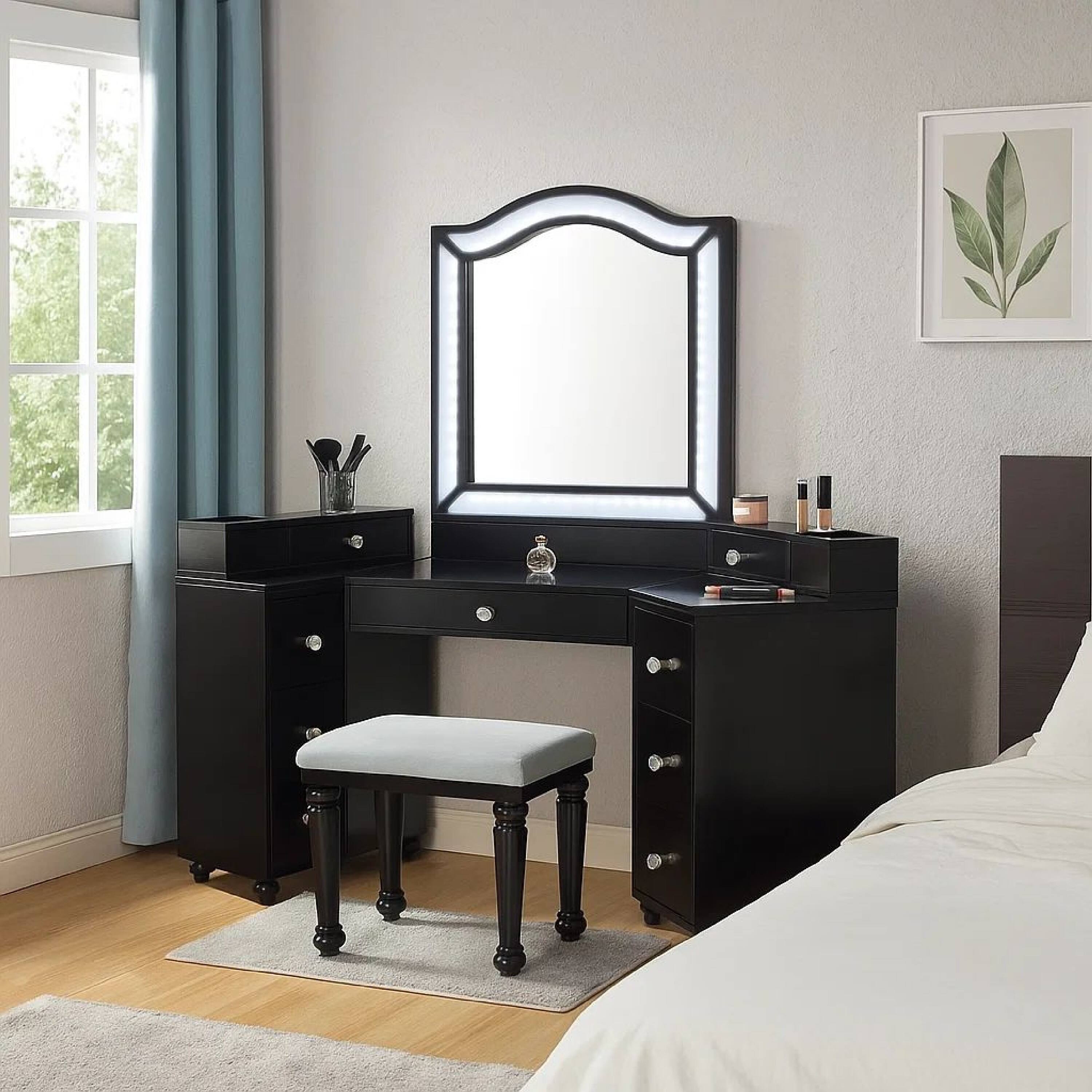 Alt View 7. Manhattan Lane - Gena 3pc Vanity Set with Stool, Glass Top Table, LED Mirror - Obsidian Gray, Clear.