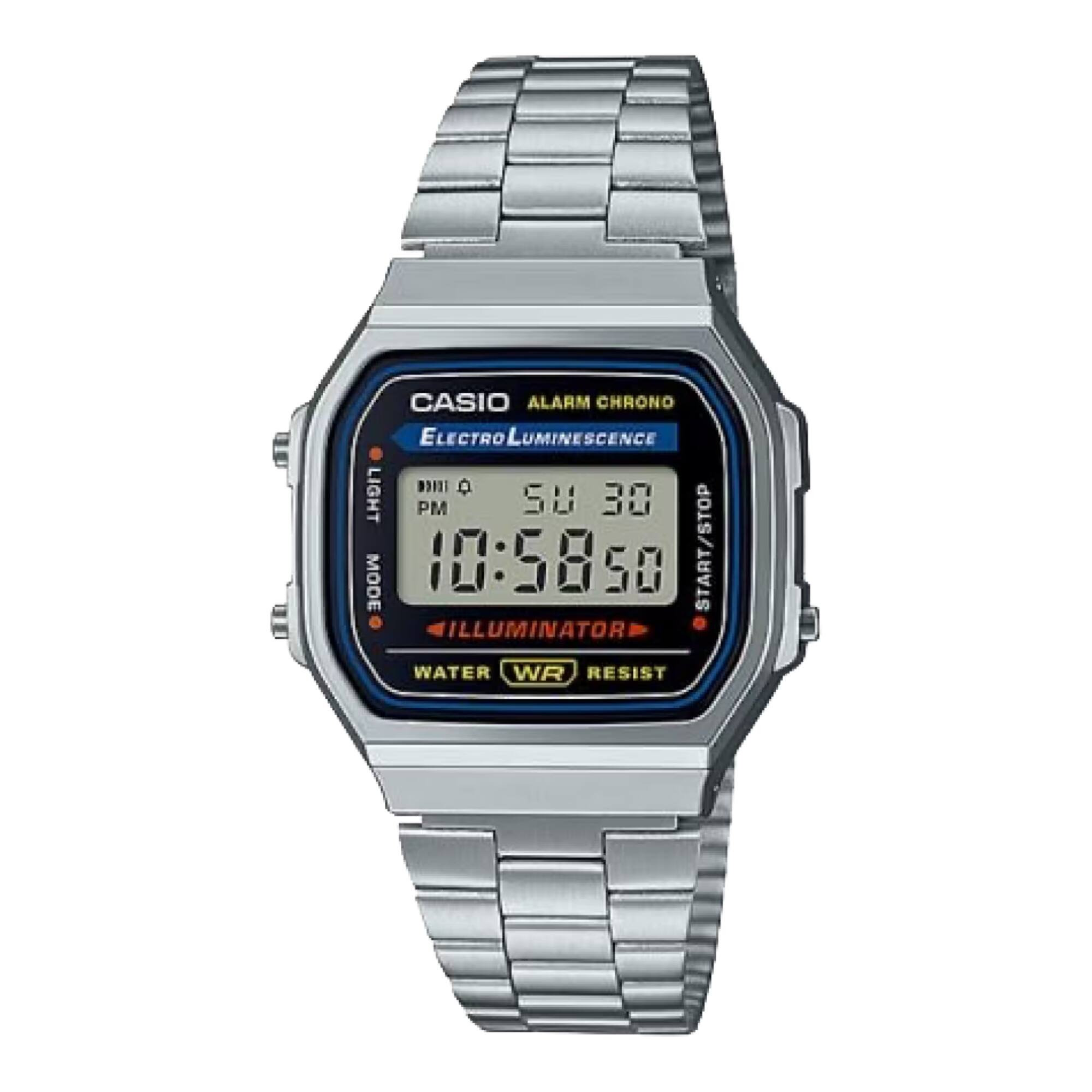 CASIO ALARM CHRONO ELECTRO LUMINESCENCE  
D11  
LIGHT PM  
SU 30  
MODE 10:58:50  
START/STOP  
ILLUMINATOR  
WATER WR RESIST